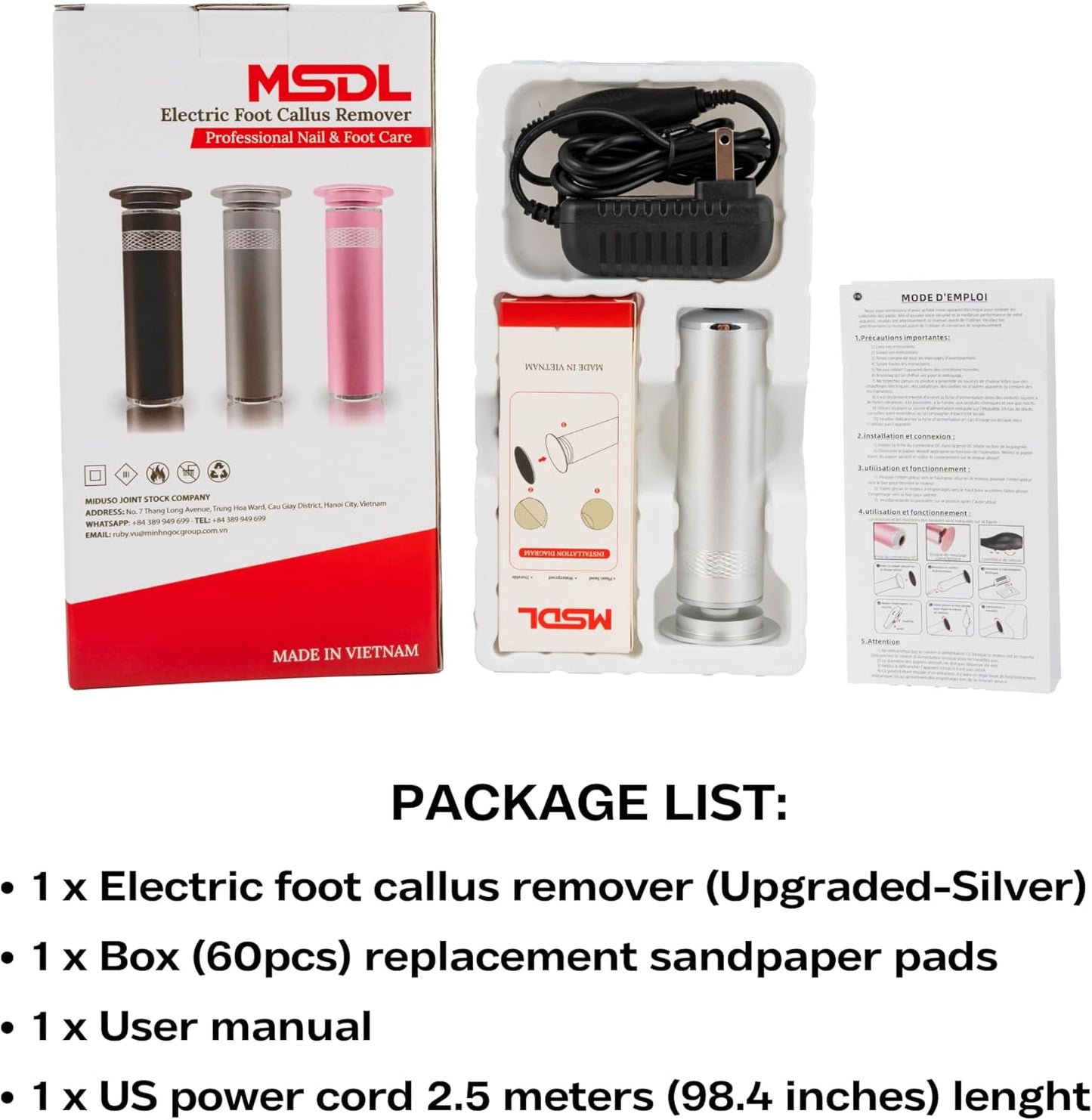 High Power Electric Foot Callus Remover, 2025 Upgrade with 100-inch Extra-Long Cord and 60 Replaceable Sandpaper Discs, Electric Foot File for Cracked Heels and Dead Skin, Silver