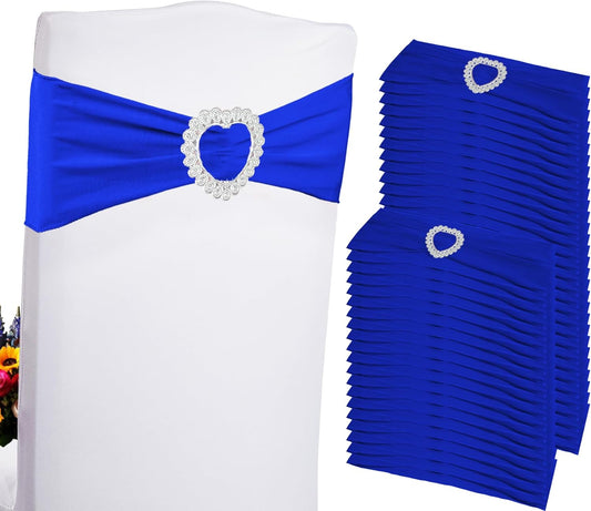 100PCS Spandex Stretch Royal Blue Chair Sashes Bows Universal Elastic Chair Cover Bands Ties with Buckle Slider for Wedding Party Ceremony Reception Event Banquet Decoration(Royal Blue)