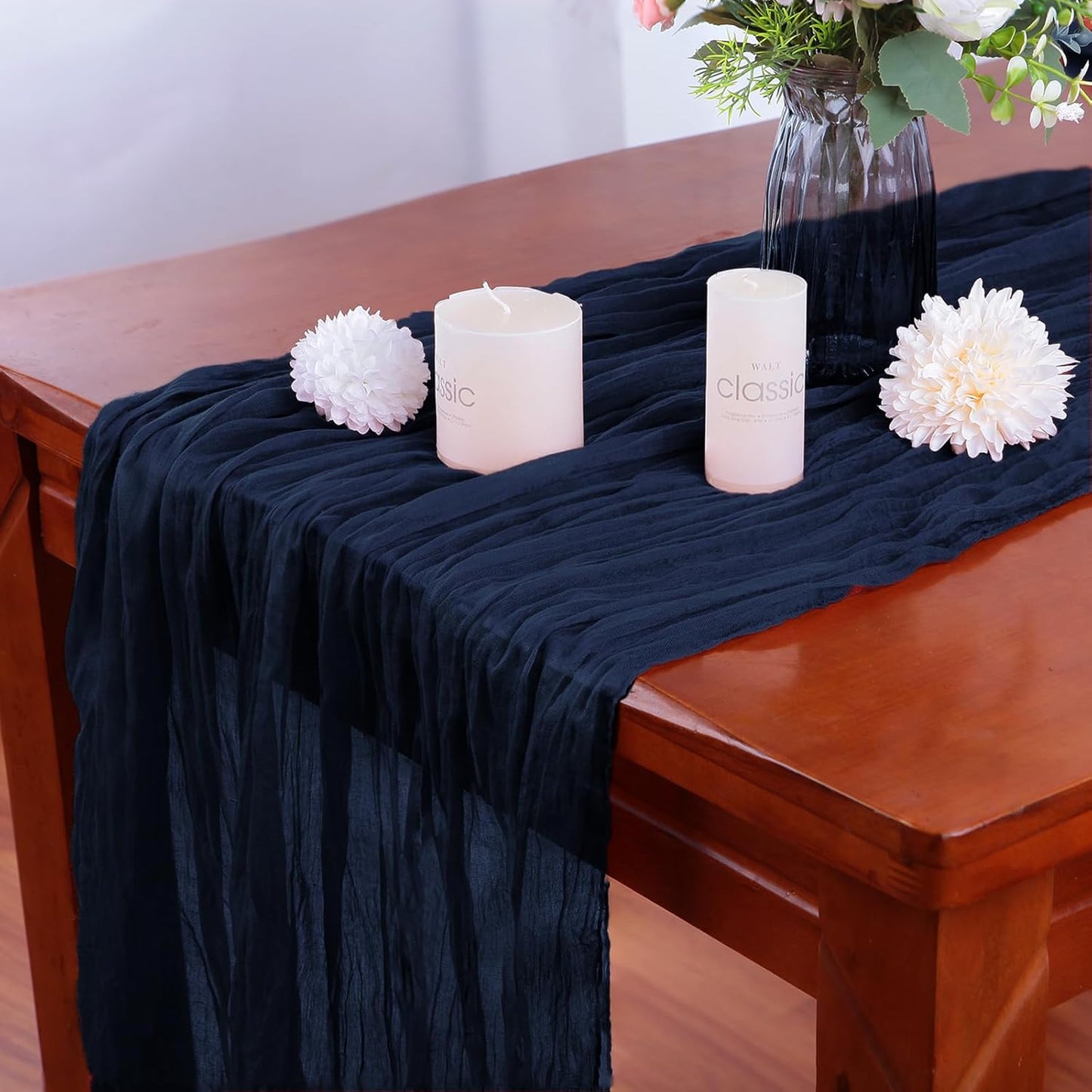 Boho Gauze 16PCS Navy Blue Cheesecloth Table Runners - 35x120Inch Long Rustic Sheer Table Decor for Wedding, Party, Baby, Bridal Shower