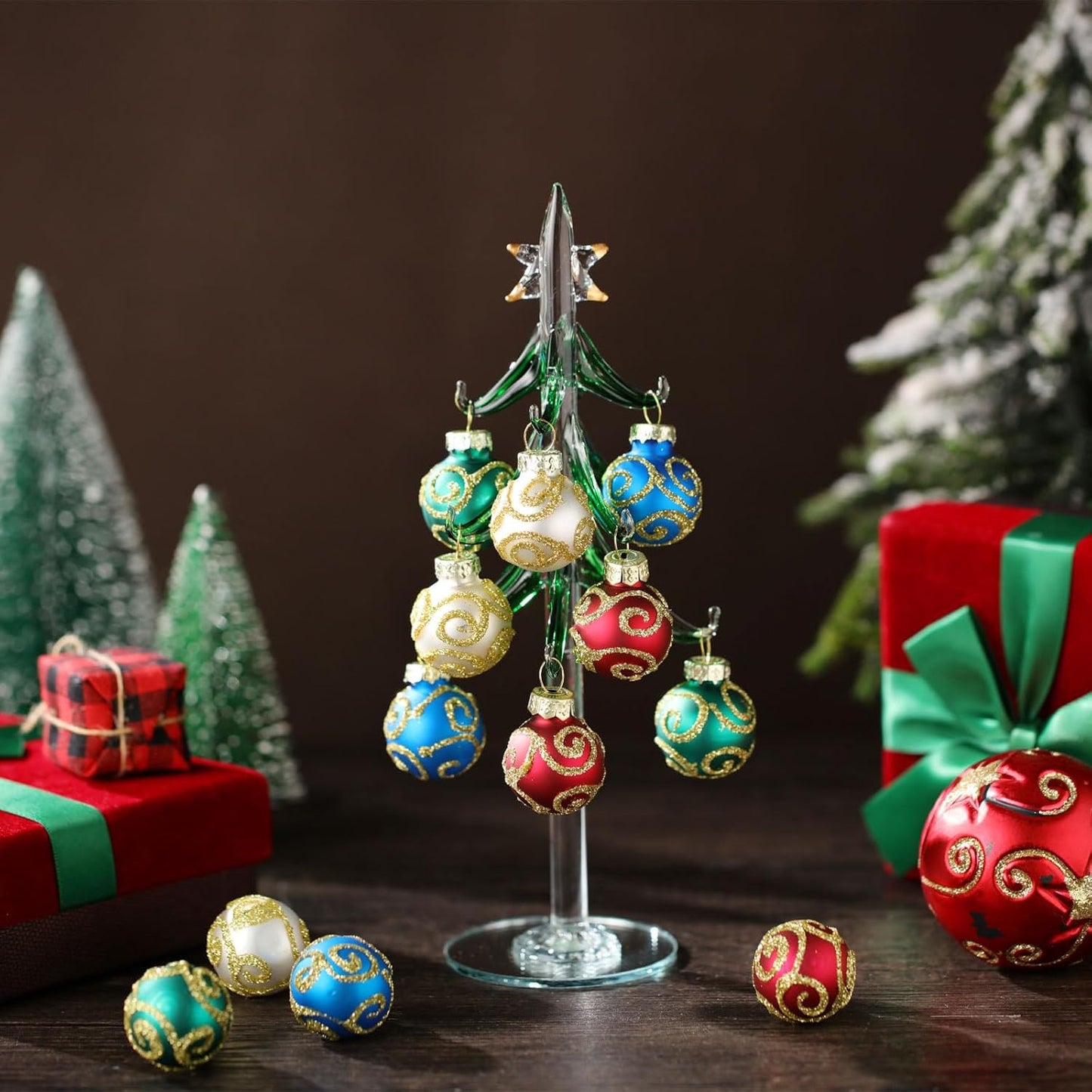 Glass Christmas Tree with 12 Ornament Glitter Balls Tabletop Wine Glass Charms Miniature Christmas Tree Gift for Xmas Holiday Party Novelty Season Home Decor, 7.7 Inch