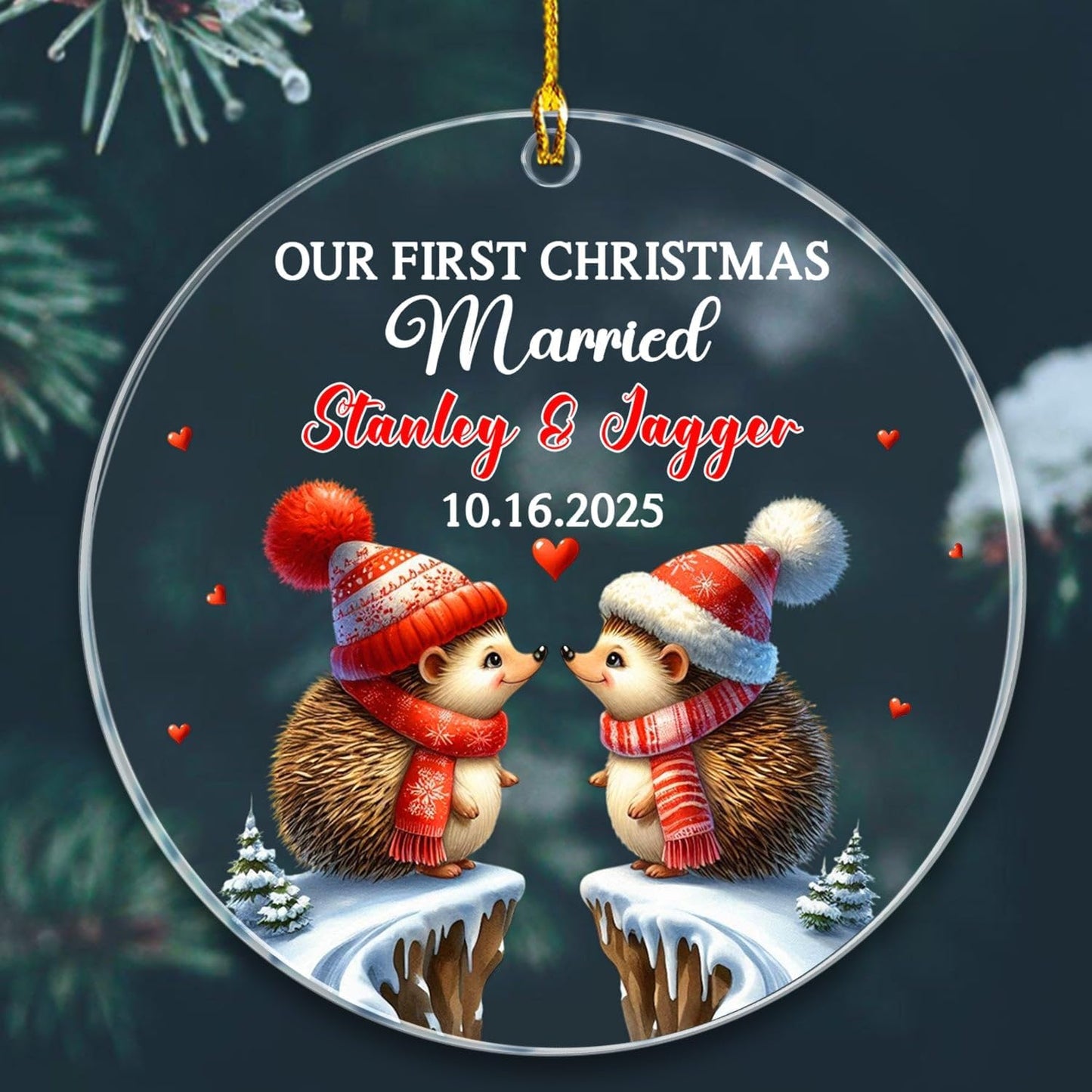 Our First Christmas Married Ornament, Custom Date/Name Mr & Mrs Hedgehog Ornament Gift for Newlyweds Bride & Groom, Personalized Couple Hedgehog Married Christmas Ornaments for Wedding Anniversary