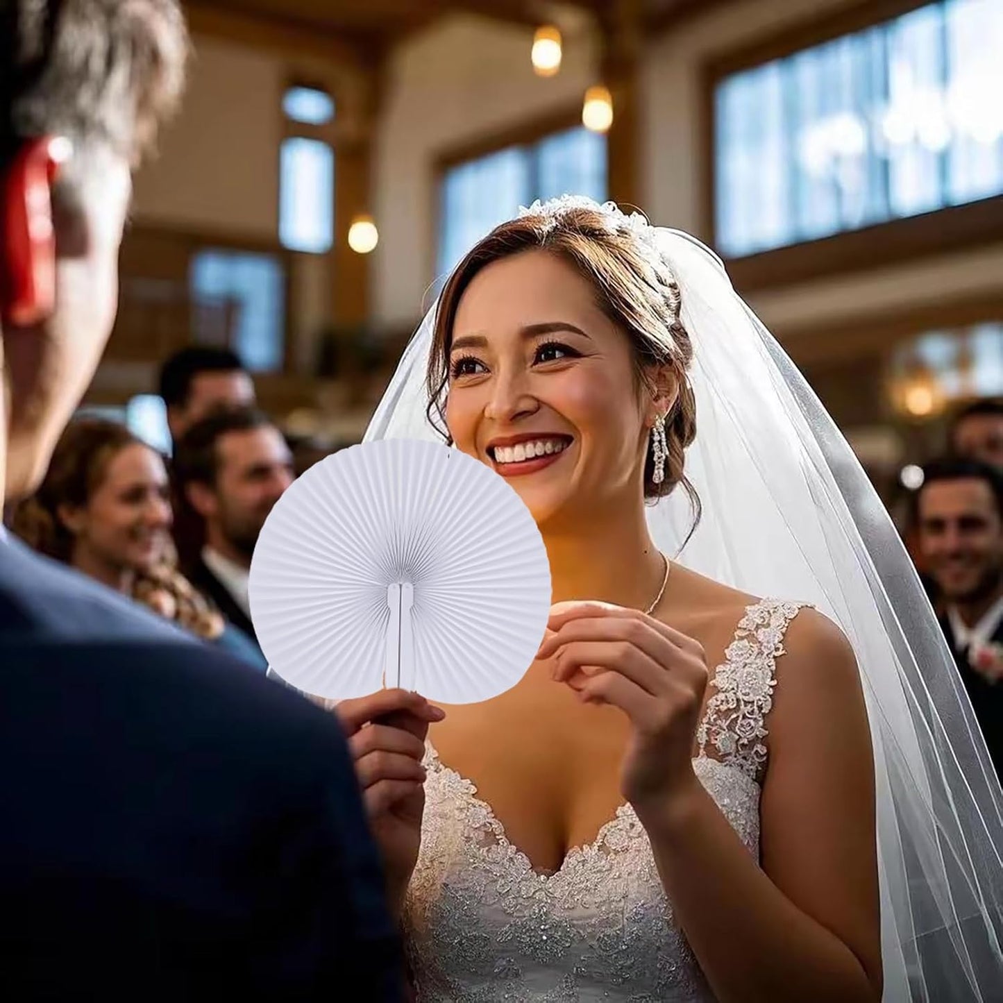 12 Pcs White Round Paper Folding Fans,Decorative Wedding Foldable Hand Handheld Fans Chinese and Japanese Fan Bulk for Bridal Guest Church Party Favors Dancing Birthday DIY