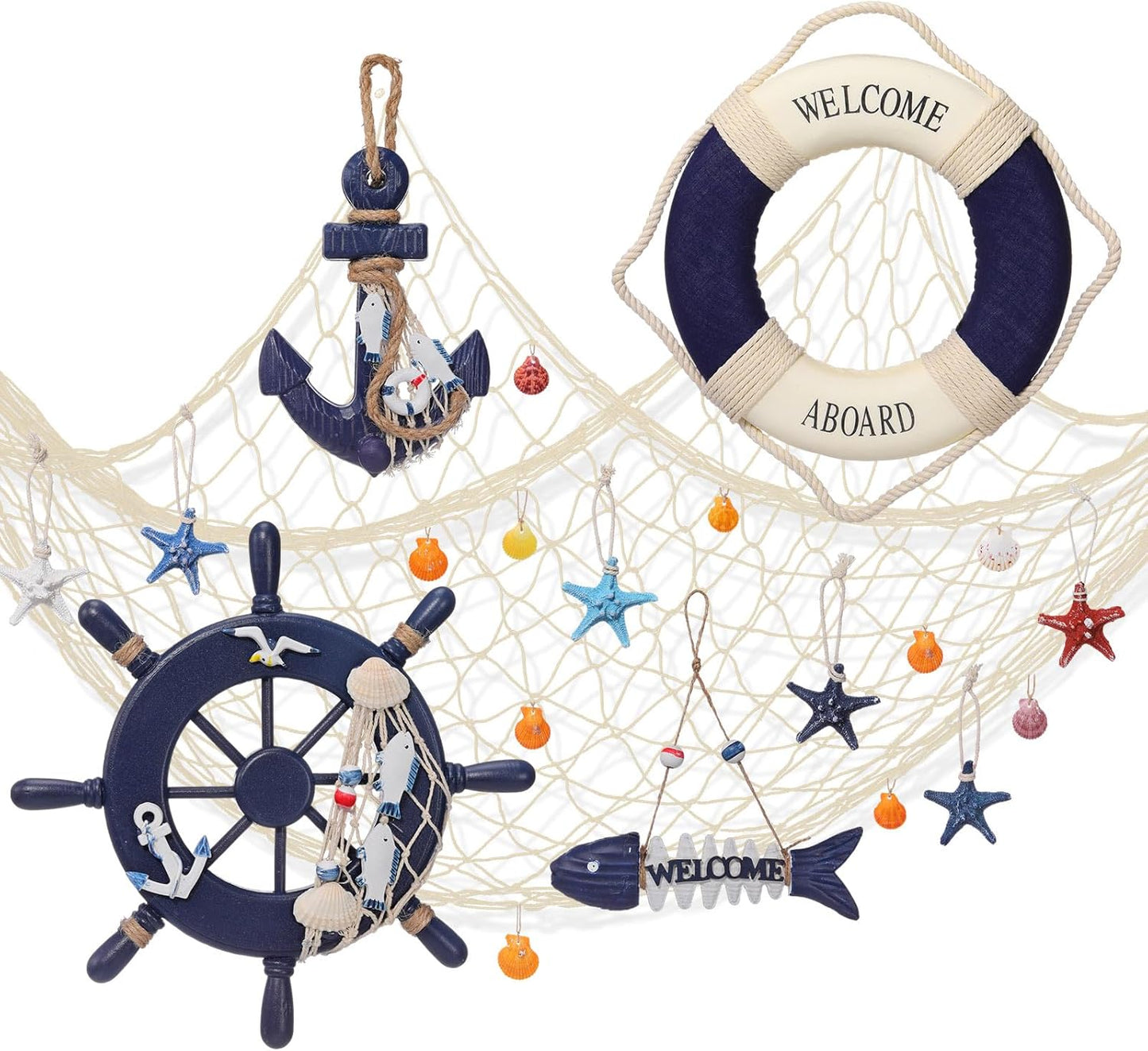 Marsui 11 Pcs Wooden Nautical Wall Decor Fishing Net Decoration, Include Decorative Fishing Net, Ship wheel, Fish Skeleton, Life Ring, Anchor, Starfish Beach Decor for Mediterranean Party (Khaki)