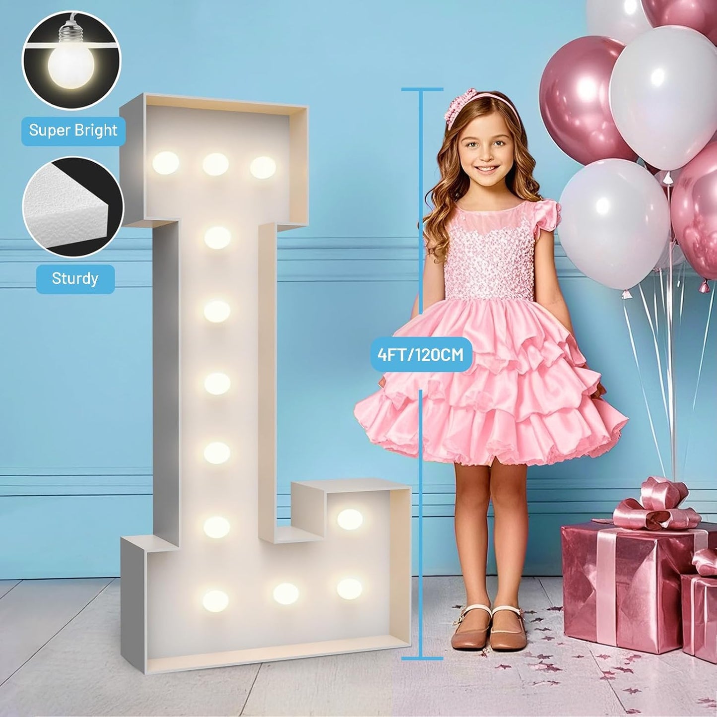 4FT Marquee Light Up Letters L,Party Decoration Large Marquee Light Up Letters with Weighted Water Bag,Pre-cut Foam Board Set Can Be Used for Birthdays,Weddings,Baby Anniversaries