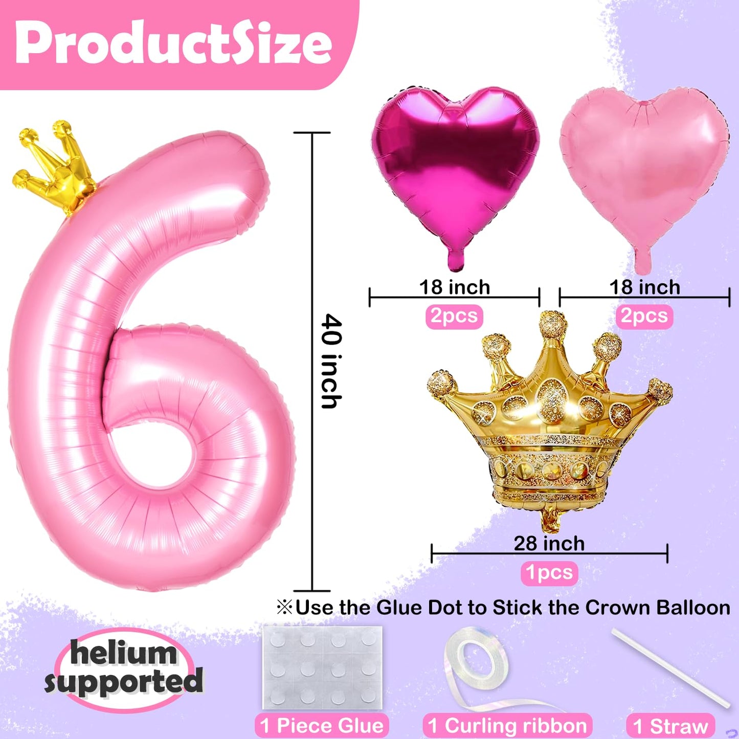 Princess 3rd Birthday Party Decorations, 40 inch Large Pink Crown 3 Balloon for Girls’ Princess