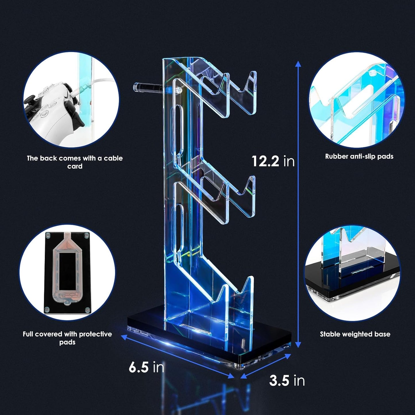 OAPRIRE Controller Holder Headset Stand with Lights, 3 Tier Acrylic Gaming Controller Stand for PS4, PS5, PC, Switch, Universal Design (Black)