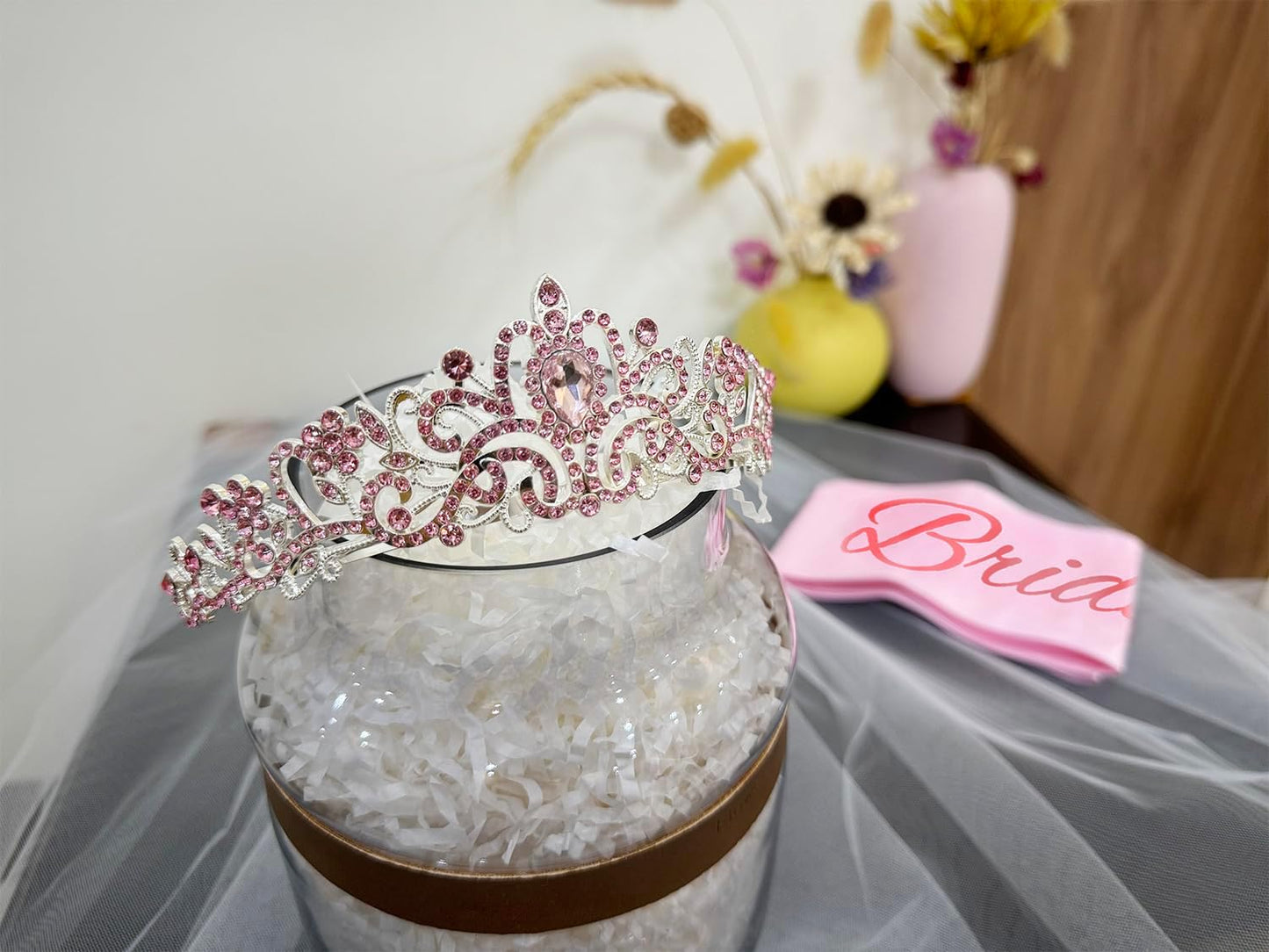JETKONG 3 Pcs Bachelorette Party Decorations Bridal Shower Crown, Bride to Be Sash&Veil for Women Bachelorette Party Gifts, Bachelorette Party Supplies, Gifts, Favors (Pink)