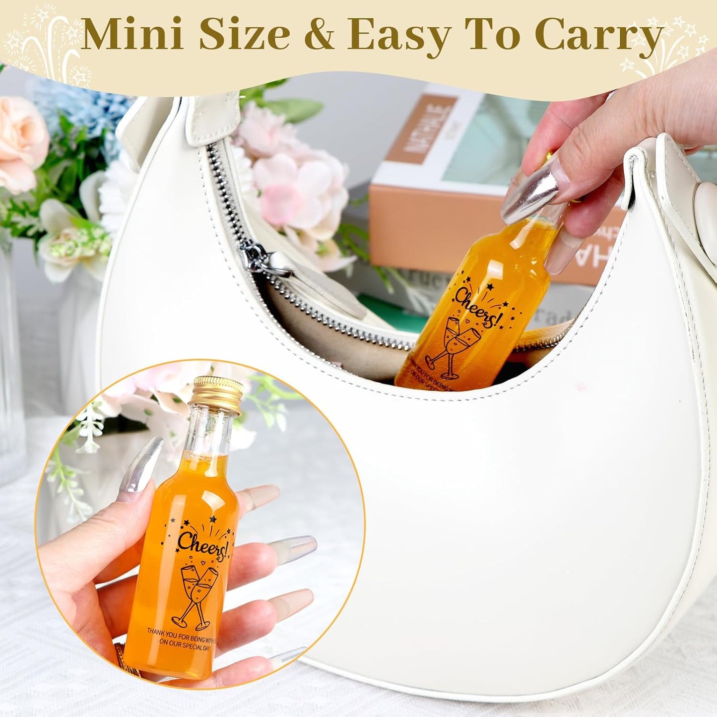 OurWarm 50 Pack Mini Liquor Bottles, 1.7oz/50ml Mini Shot Bottles with Gold Screw Caps Funnels Tags & Twines, Empty Wine Bottles for Juice Alcohol Homemade Liquor Birthday Wedding DIY Party Favors