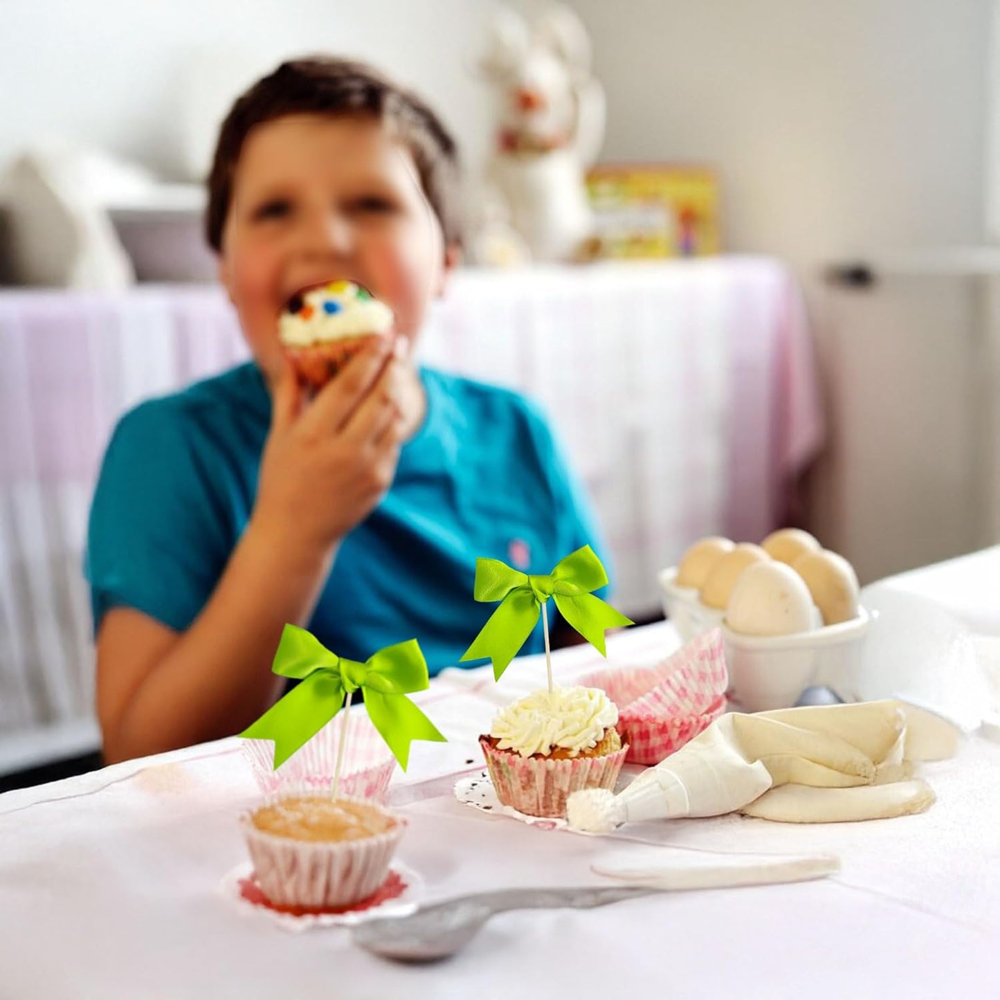 Gyufise 24Pcs Bow Cupcake Toppers Coquette Bow Girls Birthday Cake Decorations Bowknot Cake Toppers Bowknot Cupcake Picks for Baby Shower Birthday Wedding Bridal Engagement Party Supplies Green