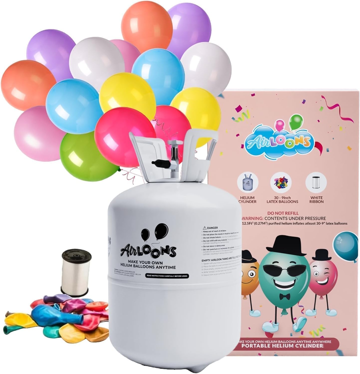 Airloons 9.5in Standard Helium Balloon Kit - Disposable Portable Helium Tank for Balloons at Home - Includes Helium Tank, 30 Latex Balloons, Curling Ribbon