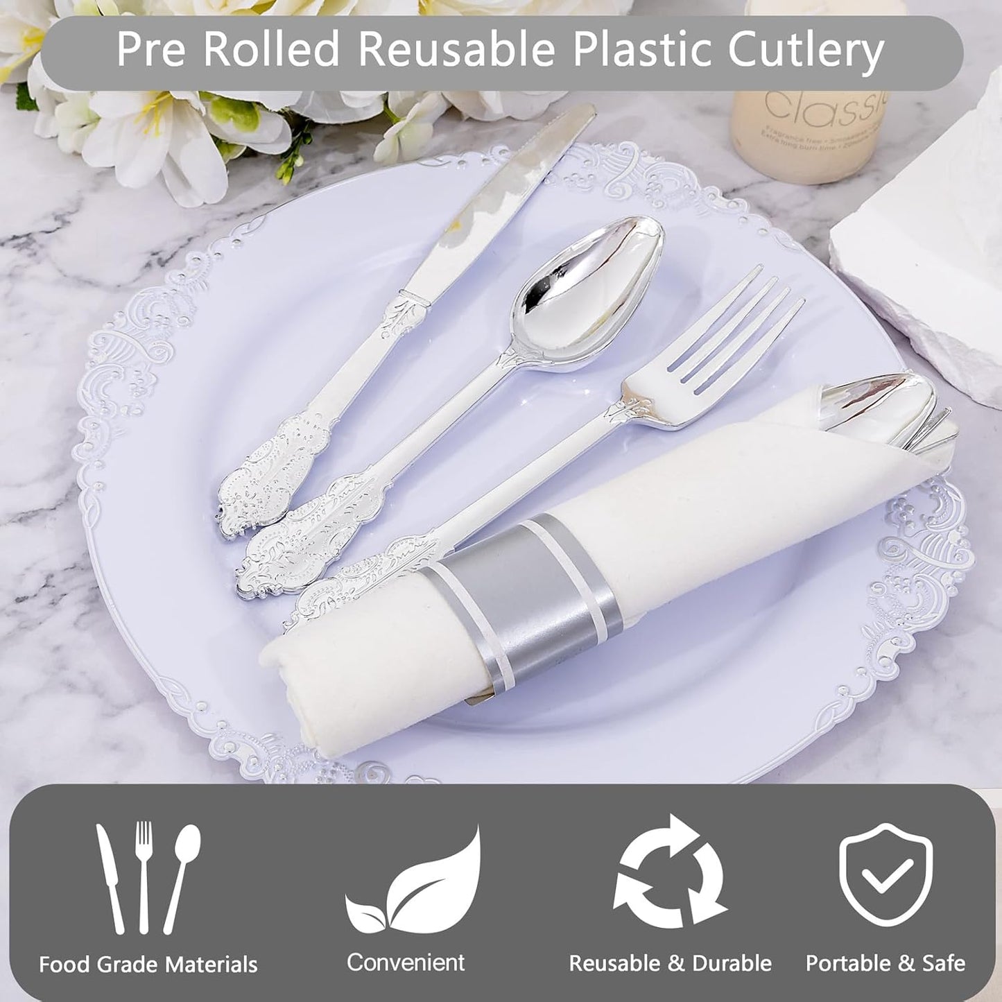 400PCS Pre Rolled Silver Plastic Silverware Sets - Heavy Duty Fancy Silver Cutlery - Include 100 Pack Wrapped Disposable Utensils with Napkins for Parties, Dinners & Weddings