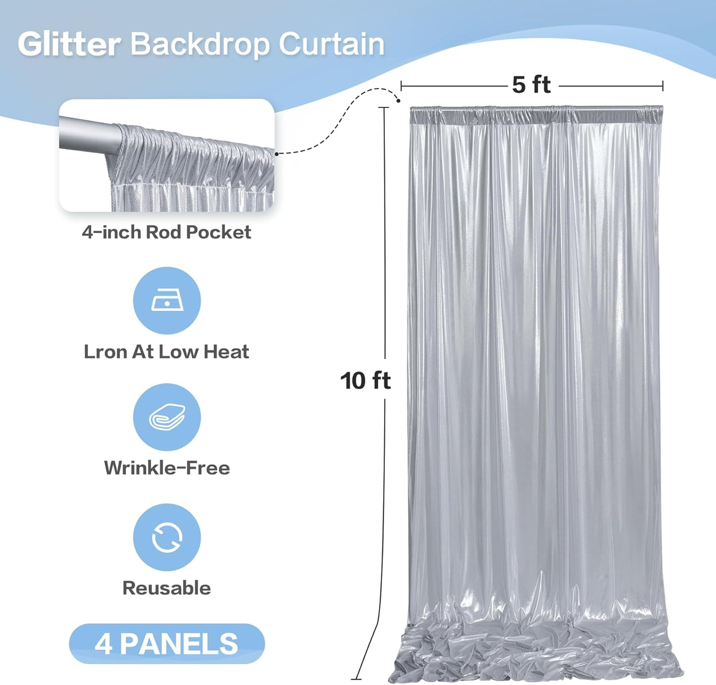 gogoparti 20X10 FT Silver Backdrop Curtain for Parties, Glitter Photo Backdrop Drapes, 4 Panels of 5x10 FT Wrinkle-Free Sequin Curtain Drapes for Wedding, Birthday, Christmas Photography