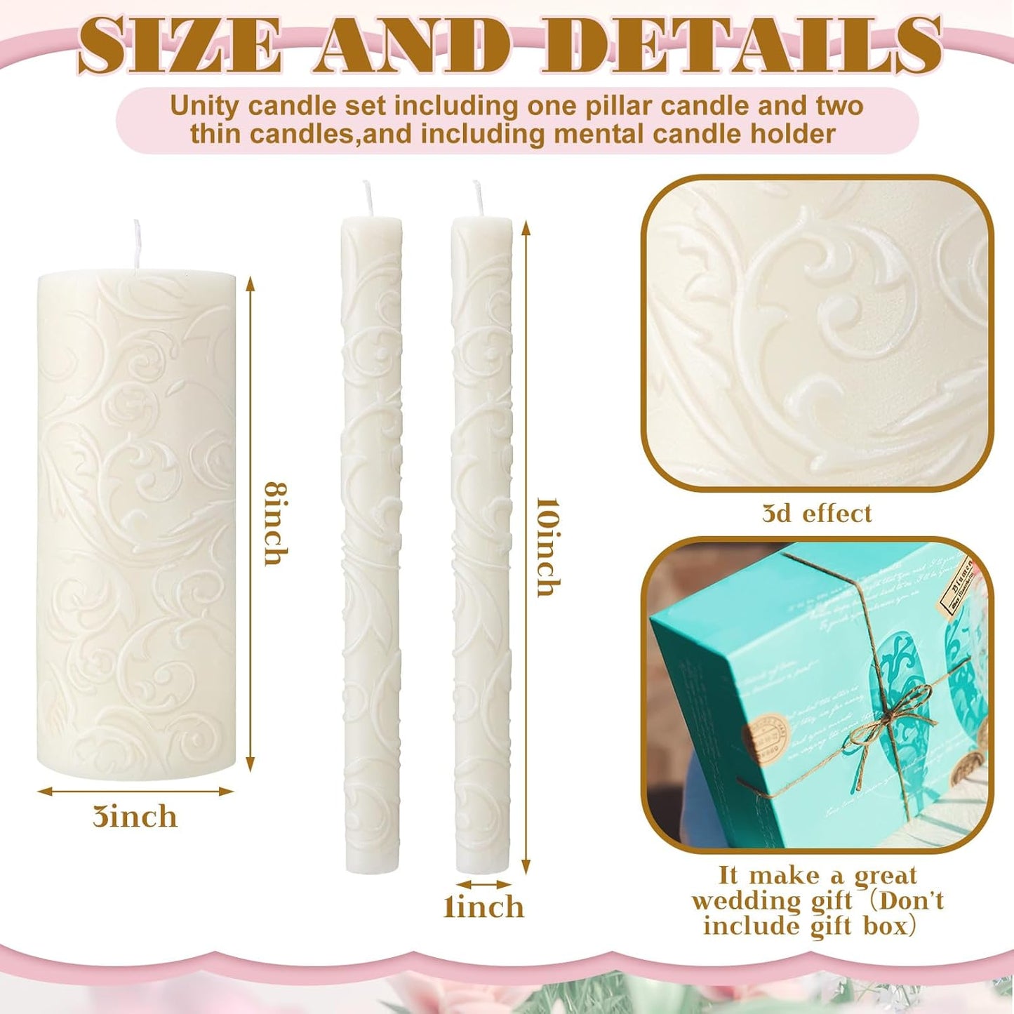 Irenare Unity Candles with Holder for Wedding Ceremony Wedding Decortions Accessories Glass Candle Holder Pillar Candle for Formal Events Church (Delicate)