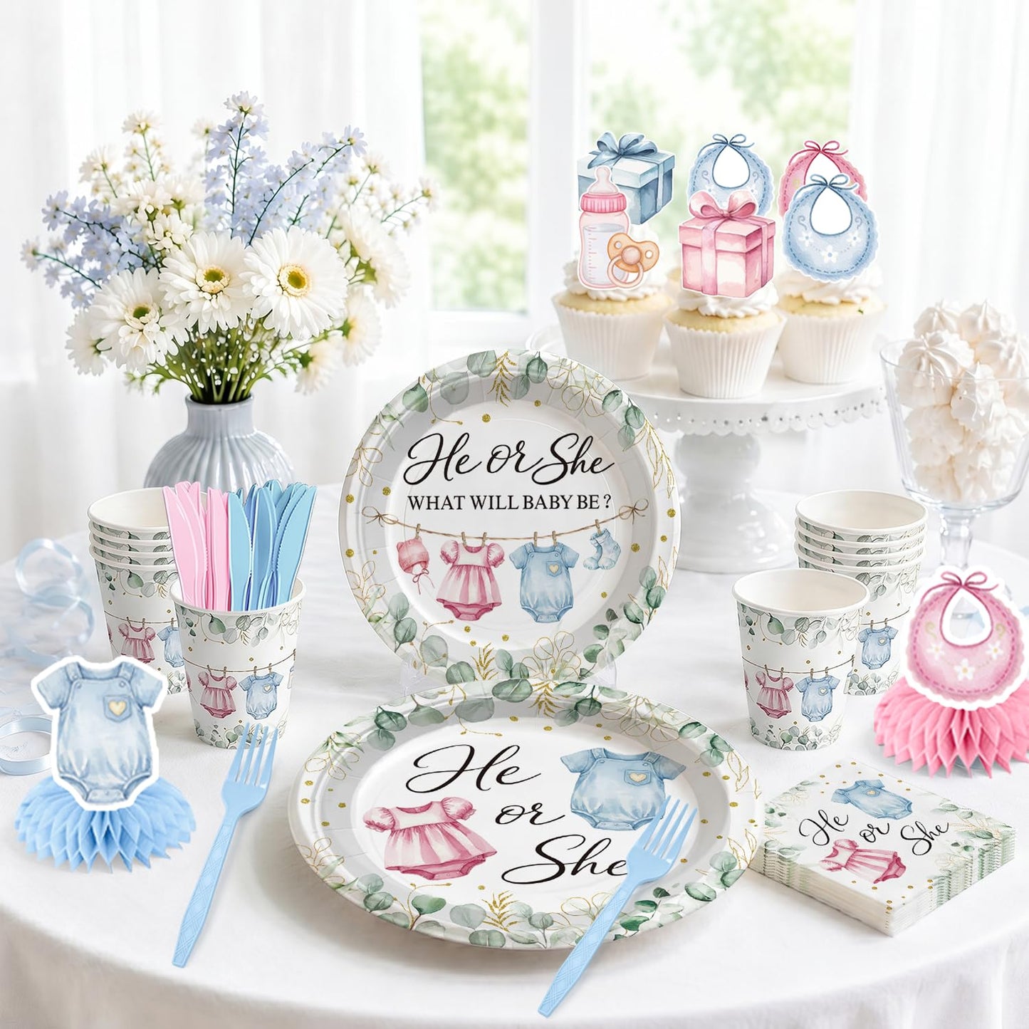 Yingoto 215PCS He or She Gender Reveal Decorations Serves 25