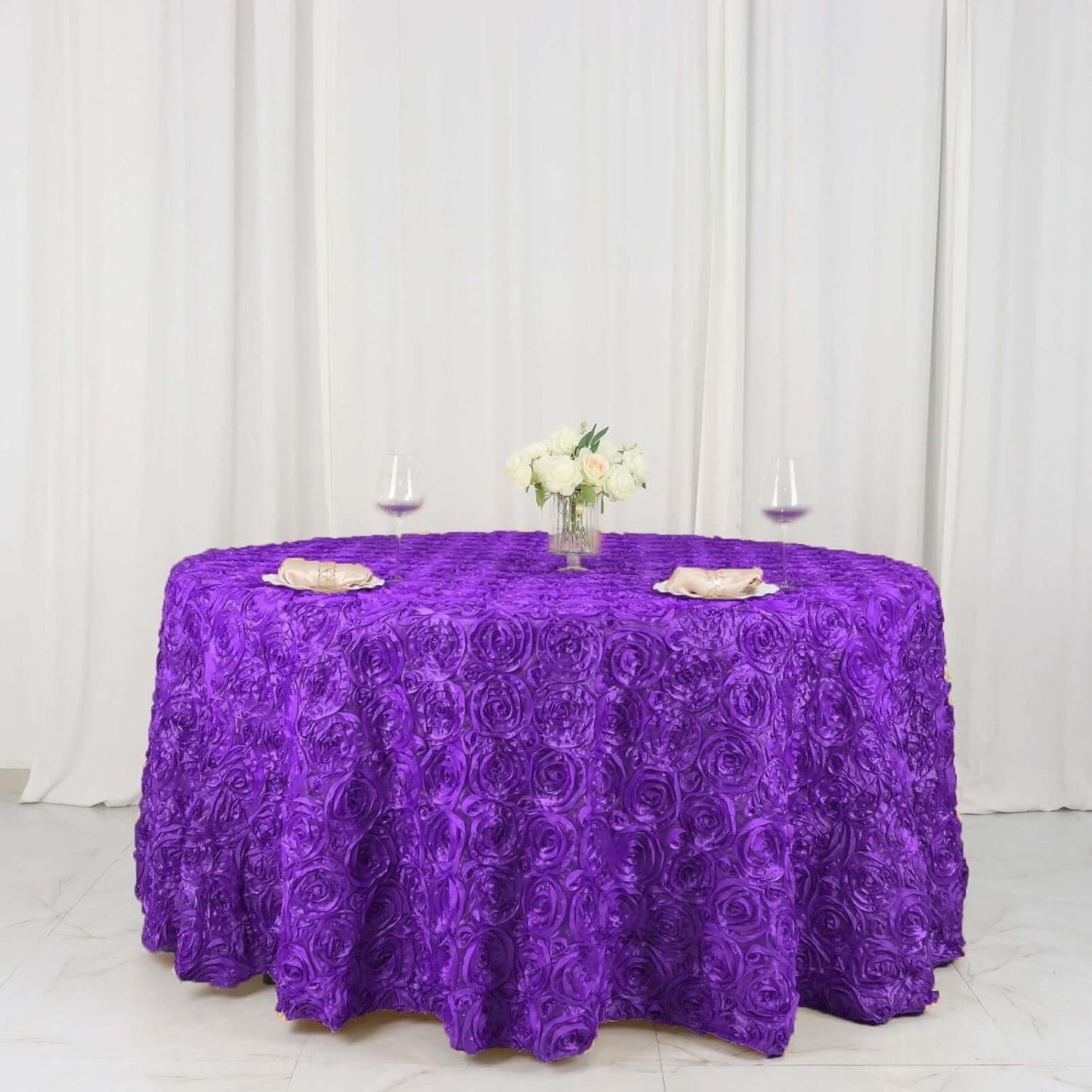 Efavormart 120" Wholesale Round Table Cover Purple Grandiose Rosette 3D Satin Tablecloth for Wedding Party Event Decoration