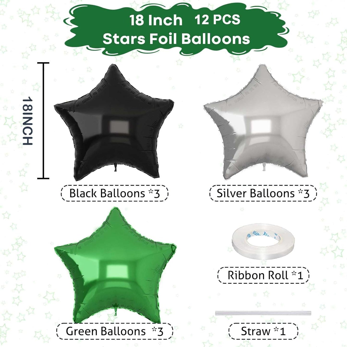 Green Black Star Balloons, 18Inch Balck Olive and Silver Stars Shape Foil Balloons Helium, 12Pcs Green Pentagram Mylar Party Decoration for Boy Men Birthday Graduation Video Games Soccer Party Supplie