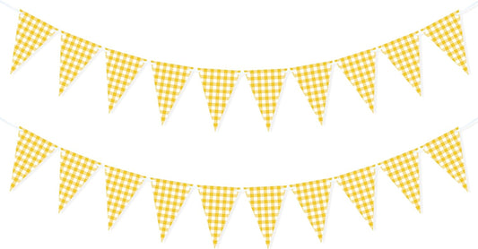 Yellow Gingham Banner for Picnic, BBQ Themed Party Decorations, Yellow and White Checkered Bunting Flag Garland for Lemon Wedding Baby Shower Birthday Party Supplies