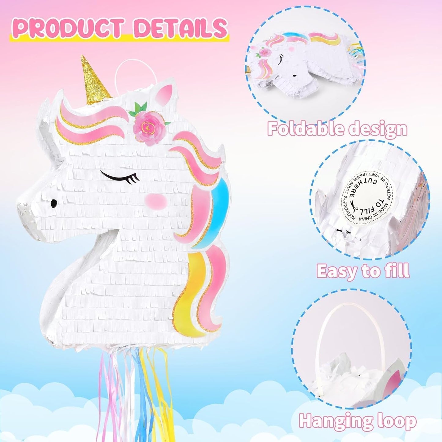 WERNNSAI Foldable Unicorn Piñata - Pull String Unicorn Birthday Party Supplies Extendable Unicorn with Blindfold Bat and Tassels Unicorn Birthday Party Decoration Games Folding Piñatas for Kids
