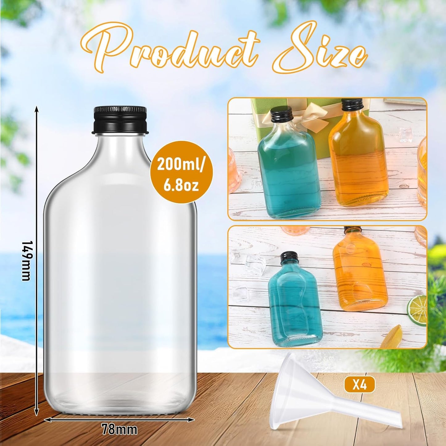 Gejoy 24 Pcs Mini Liquor Bottles Reusable Glass Flask Bottles with Black Caps Clear Empty Alcohol Shot Jars Small Champagne Jars with 4 Funnels for Wine Weddings Party Favors Christmas(6.8 oz)