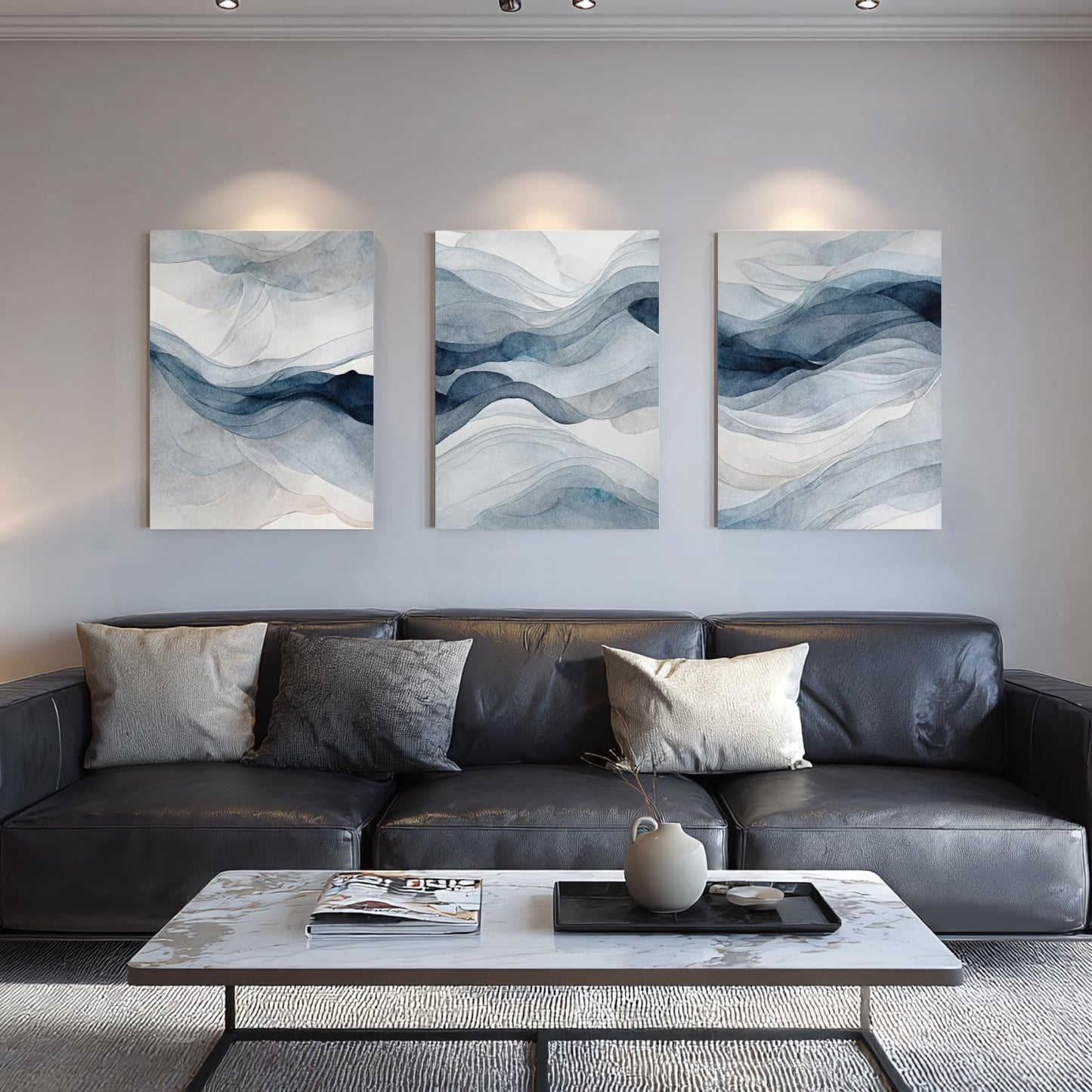 IAFWZX Framed Blue Gray Abstract Wall Art, Modern Minimalist Waves Wall Decor, Neutral Watercolor Line Canvas Paintings, Navy Blue Watercolor Poster Prints for Bedroom Living Room Office 12"x16"x3