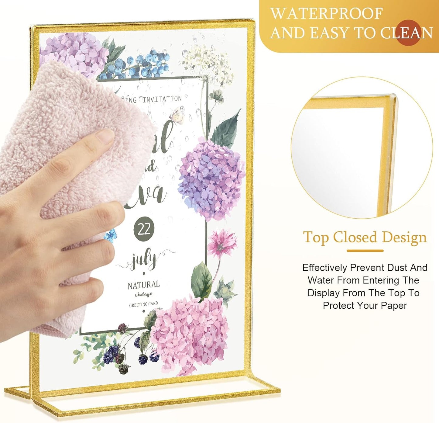 Hoteam 30 Pack 5 x 7 Clear Acrylic Sign Holder with Gold Borders, Gold Picture Frame, Double Sided Wedding Table Number, Acrylic Menu Stands for Wedding Table, Restaurant Sign, Photos