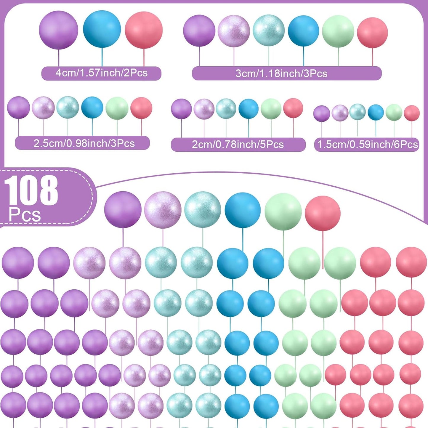 108 Pcs Balls Cake Topper DIY Cupcake Insert Foam Balloons for Cake Baking Wedding Anniversary Birthday Decoration(Bright Colors,Multi Sizes)