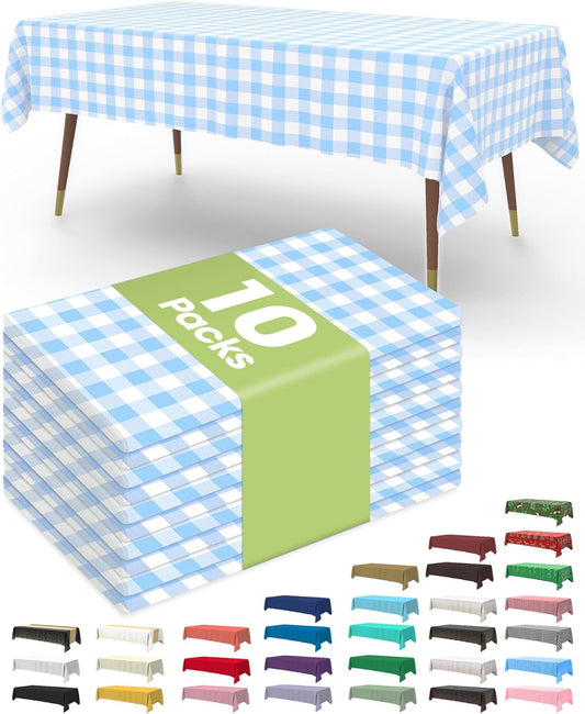 Pureegg Plastic Table Cloth Disposable 10 Pack, 54 x 108 Inch Table Cloths, Party, Picnic, Decorative Gingham Tablecloths, Rectangle, Blue and White Checkered Cover, Leakproof & Sturdy, Blue Plaid