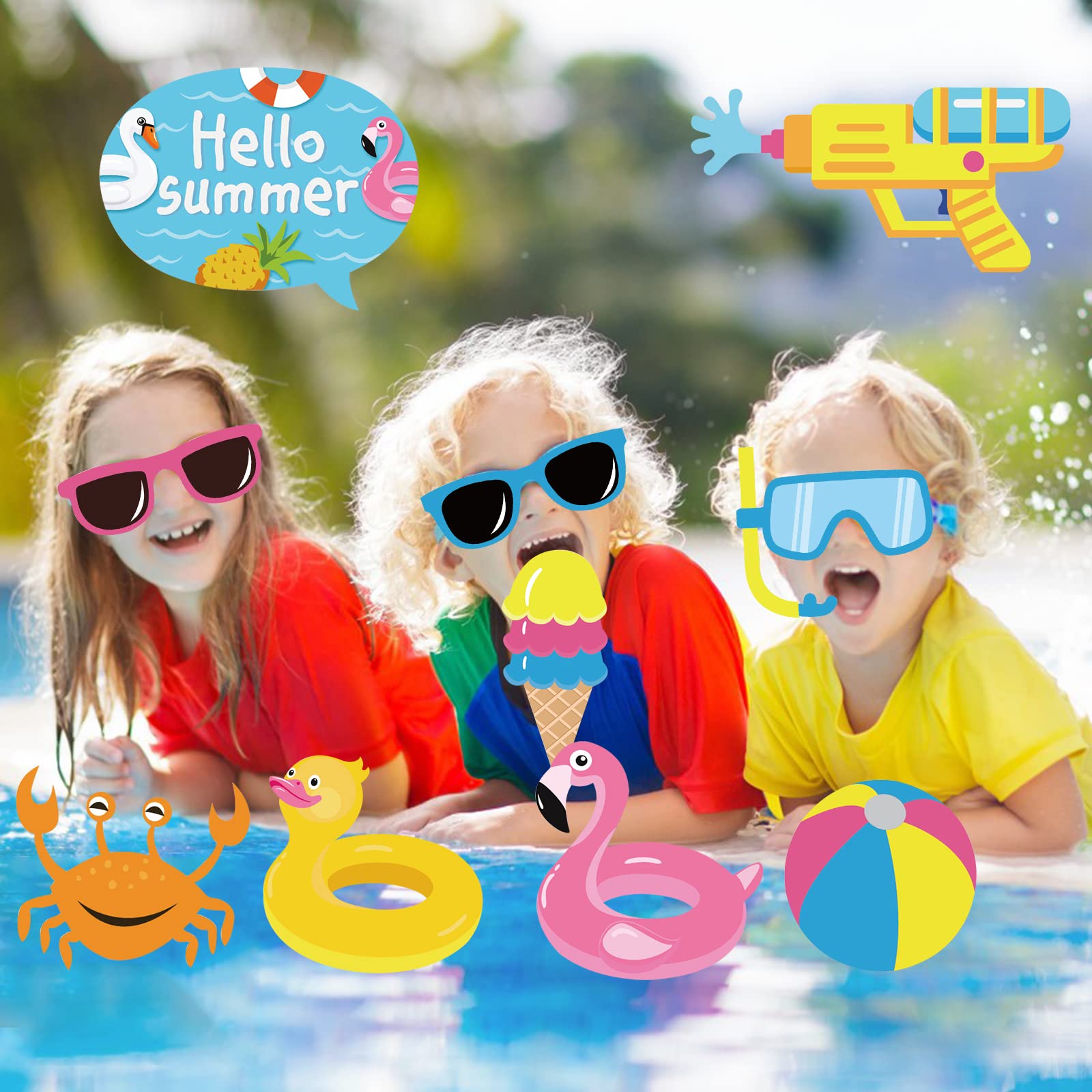 25Pcs Pool Photo Booth Props with Stick, Beach Summer Pool Party Decorations, Hawaiian Party