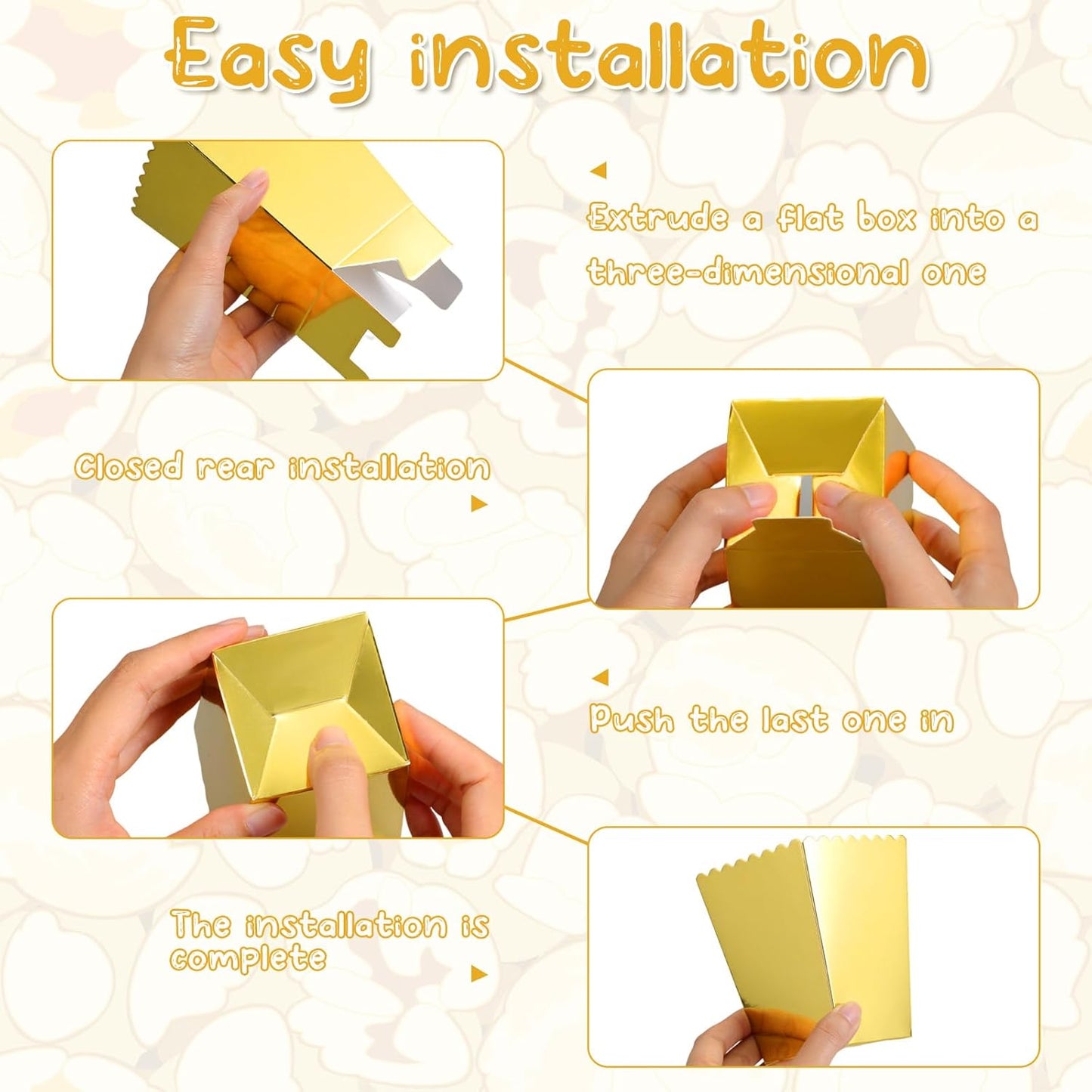 Meanplan 200 Pcs Popcorn Boxes Mini Paper Popcorn Holder Cardboard Snack Container for Party Disposable Snack Candy Bags for Birthday Wedding, 2.2 x 4.2 x 3 in(Simple,Gold)