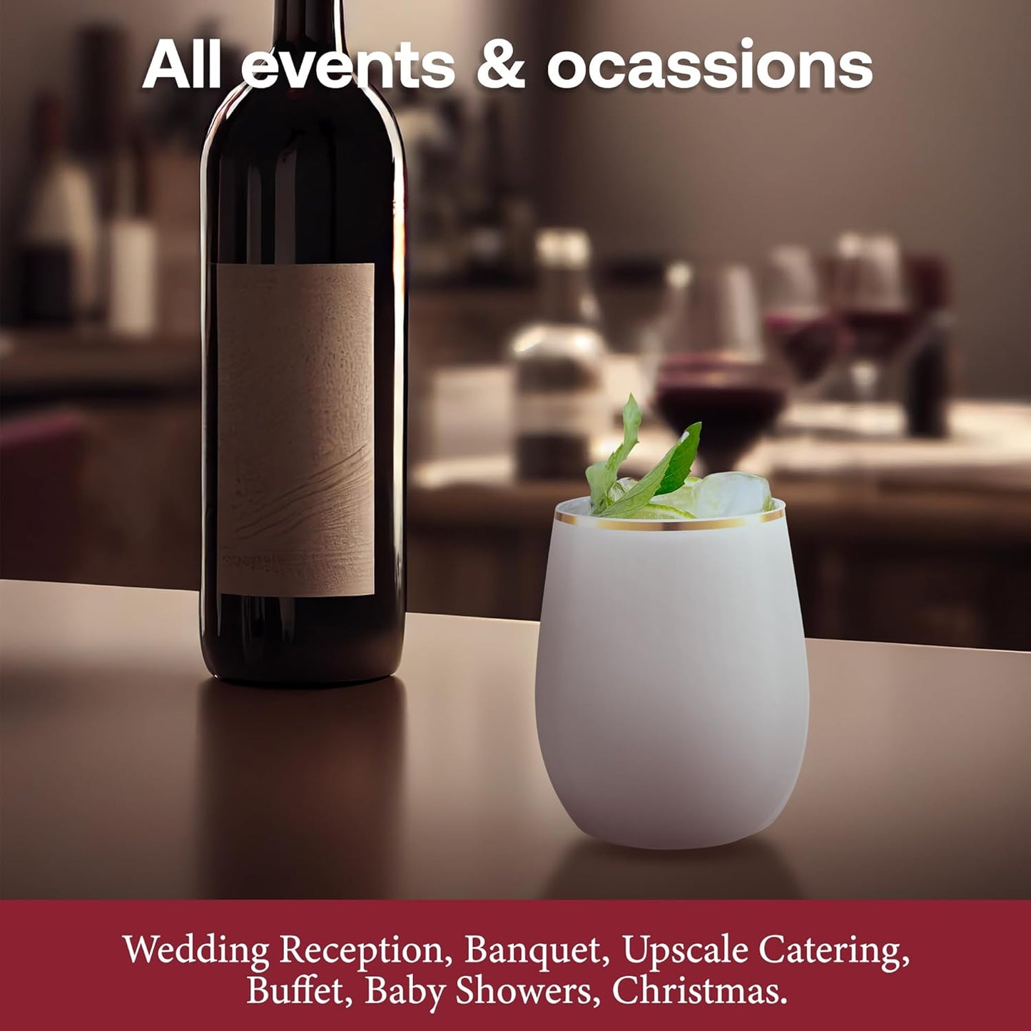 Smarty Had A Party 64 White with Gold Elegant Stemless Plastic Wine Glasses, 12 oz Disposable Drinkware, Plastic Wine Glasses for Parties