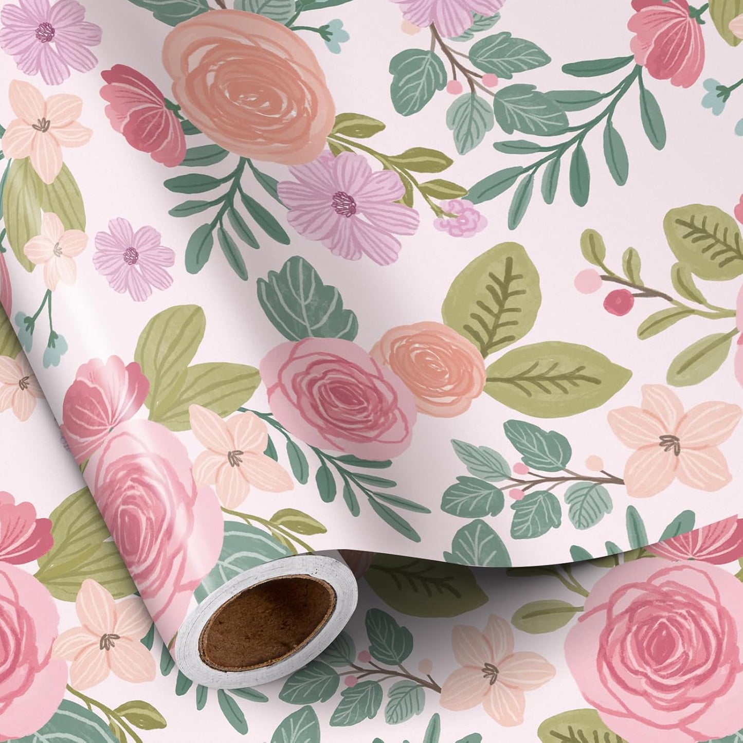 RUSPEPA Floral Wrapping Paper Roll for Women Girls, Mini Roll, Watercolor Pink Rose Gift Wrap, Flower and Foliage Paper for Wedding, Birthday, Mother's Day, Spring, Bridal Shower, 17 Inch X 16.4 Feet