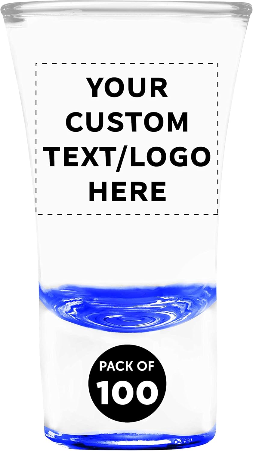Custom 2 oz. Lord Shooter Etched Shot Glasses, 100 pack, Personalized Text, Logo, 21st Birthday Party, Lounge Glassware, Blue