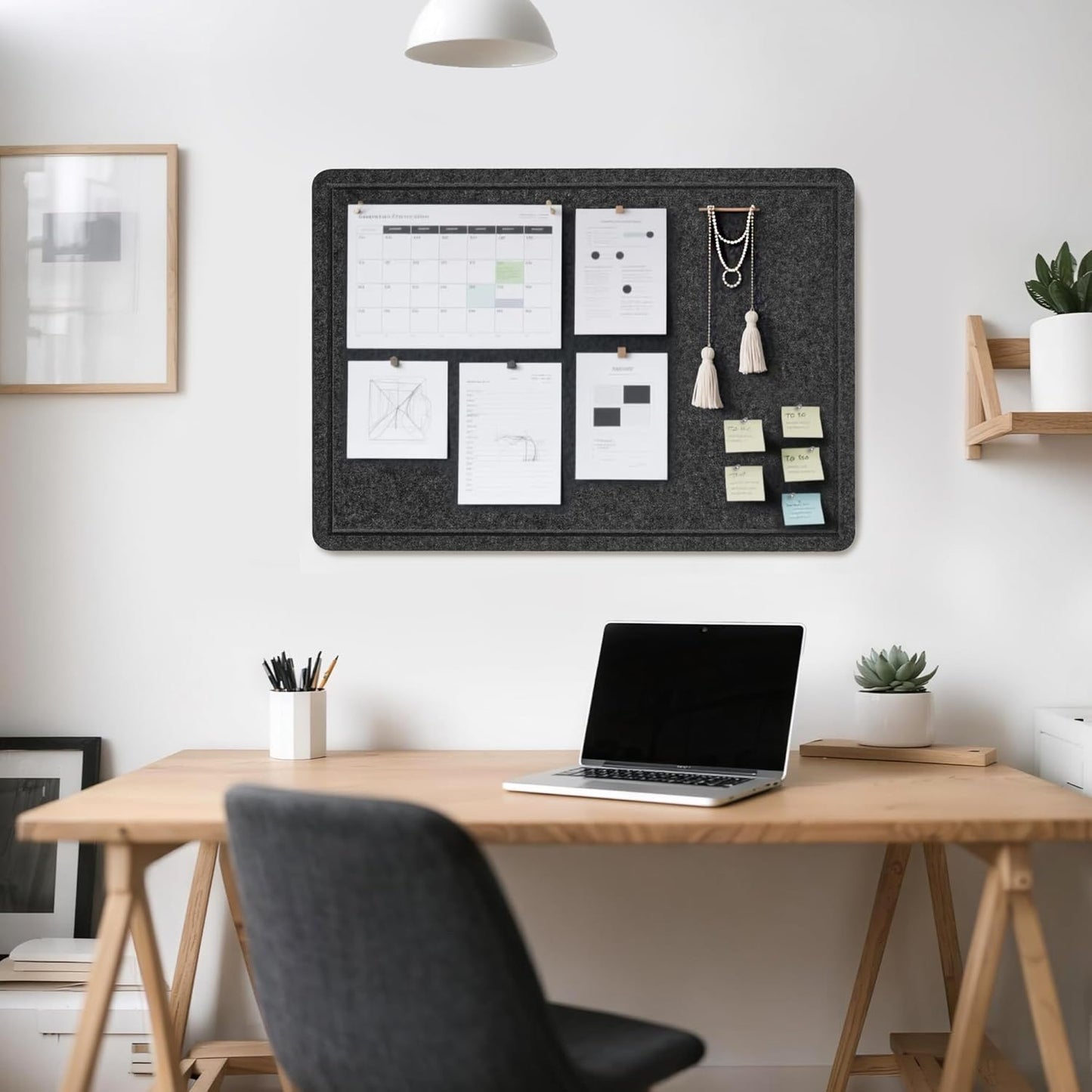 Bulletin Board, 24x18 inches Decorative Felt Pin Board, Cork Board Alternative for Wall, Foldable Photo Board Self-Adhesive Vision Board Mood Board with 20 Pushpins-Dark Gray