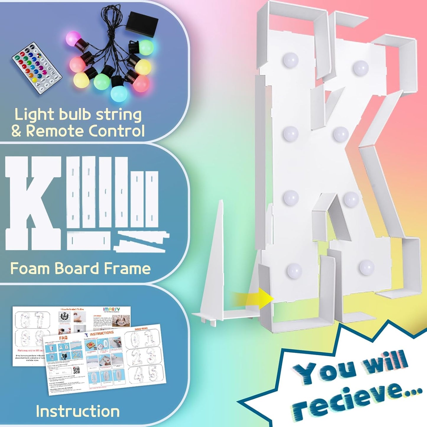 imprsv 3FT Colorful Marquee Light Up Letters K, 18 Colors Large Light up Letters Alphabet Sign with Remote, Big Marry Me Sign, Birthday Party Decorations Baby Shower Anniversary Wedding Decoration