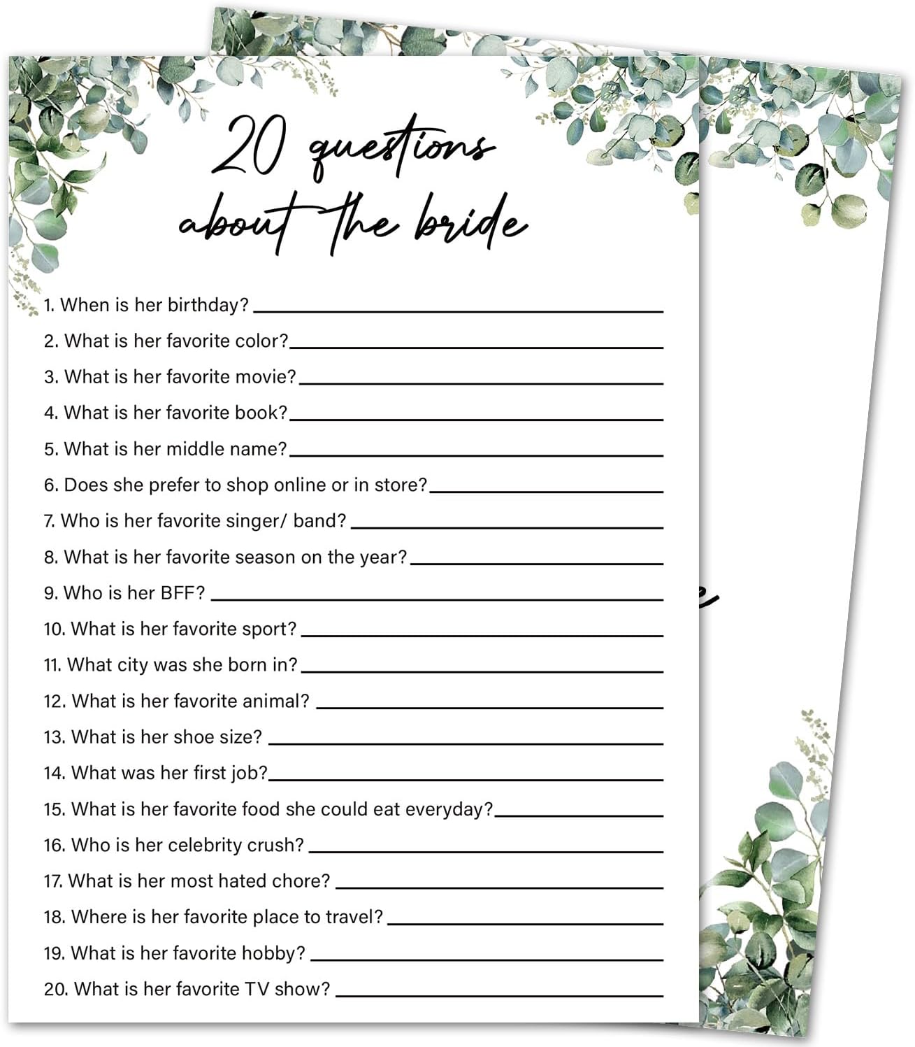 Eucalyptus Bridal Shower Game Cards - 20 Questions About The Bride, Wedding Engagement Bachelorette Party Bridal Shower Games for 30 Guests, Double Sided Cards Set of 30, Activity Supplies & Favor/A14