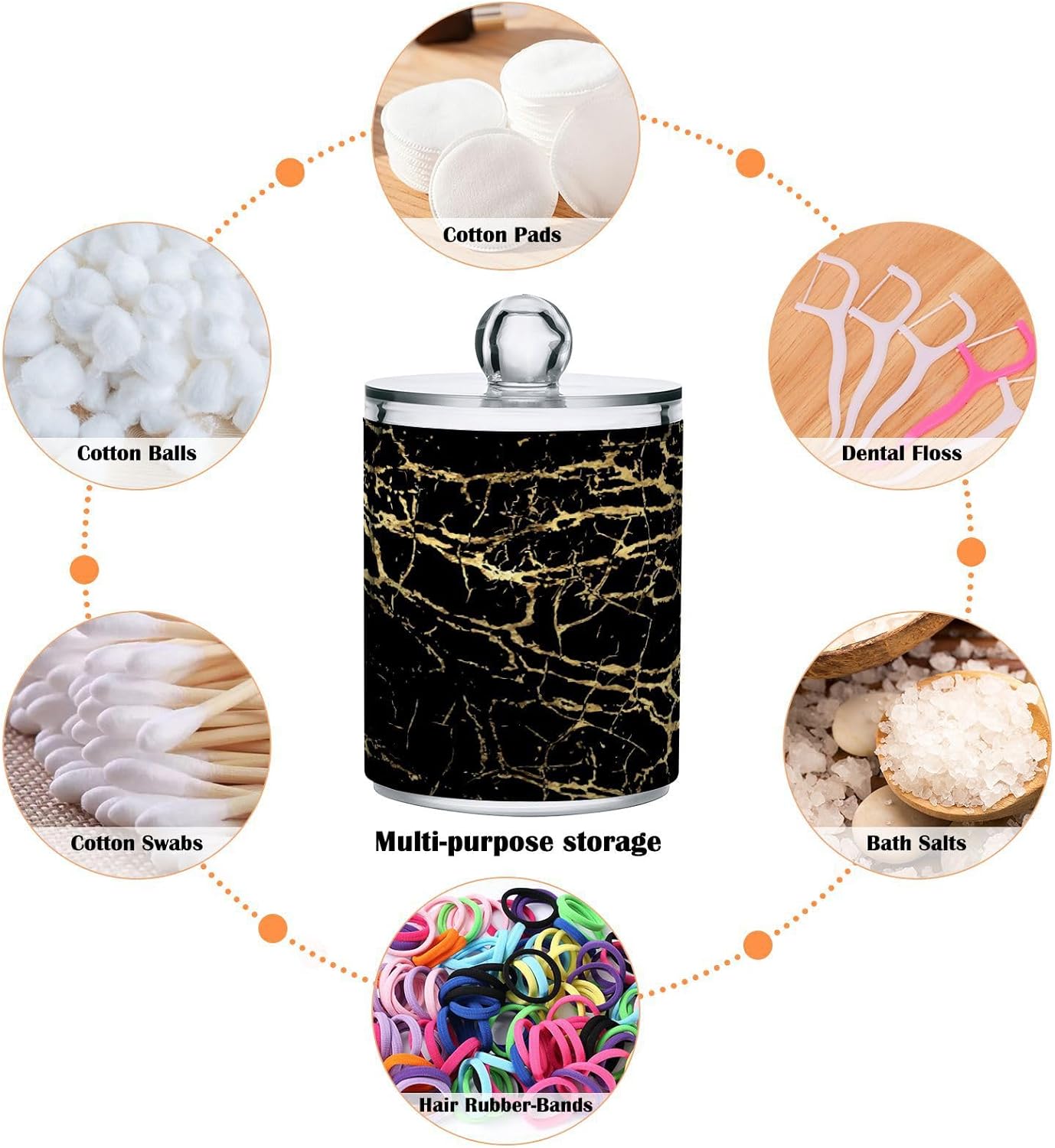 Qtip Holder Dispenser 2 Pack Gold Black Marbling Bathroom Decorative Storage Canister Holder Counter Vanity Organizer for Cotton Ball Swabs Pads Floss