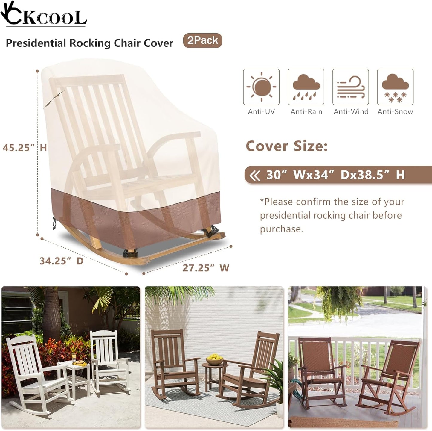 Okcool Patio Rocking Chair Cover 2-Pack,Rocking Chair Covers for Outdoor Furniture, 27''W x 34''D x 45''H Inch,Rocking Chair Covers Waterproof,Beige & Brown