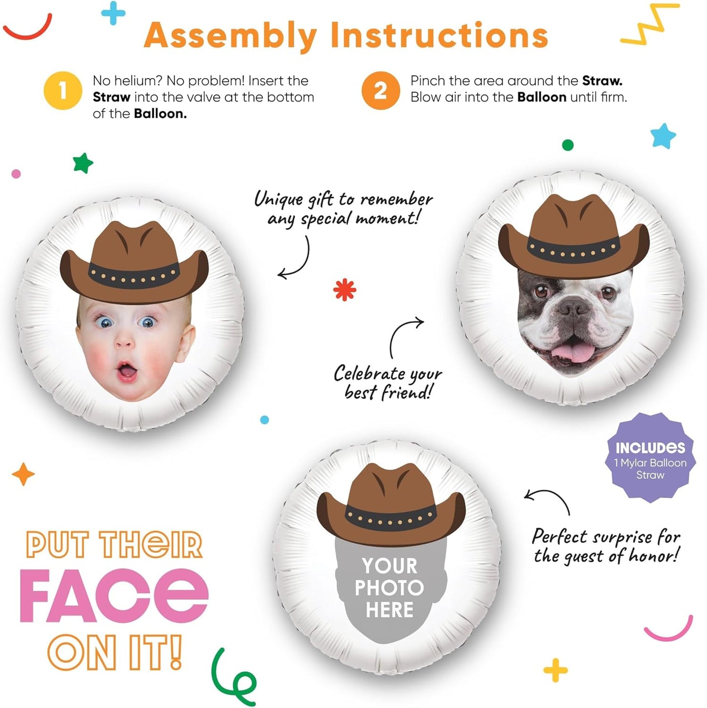 Big Dot of Happiness Personalized Western Hoedown Fun Face Photo Balloon, Wild West Little Cowboy Birthday Party Decorations, Custom Double-Sided Circle Mylar, 1 Piece