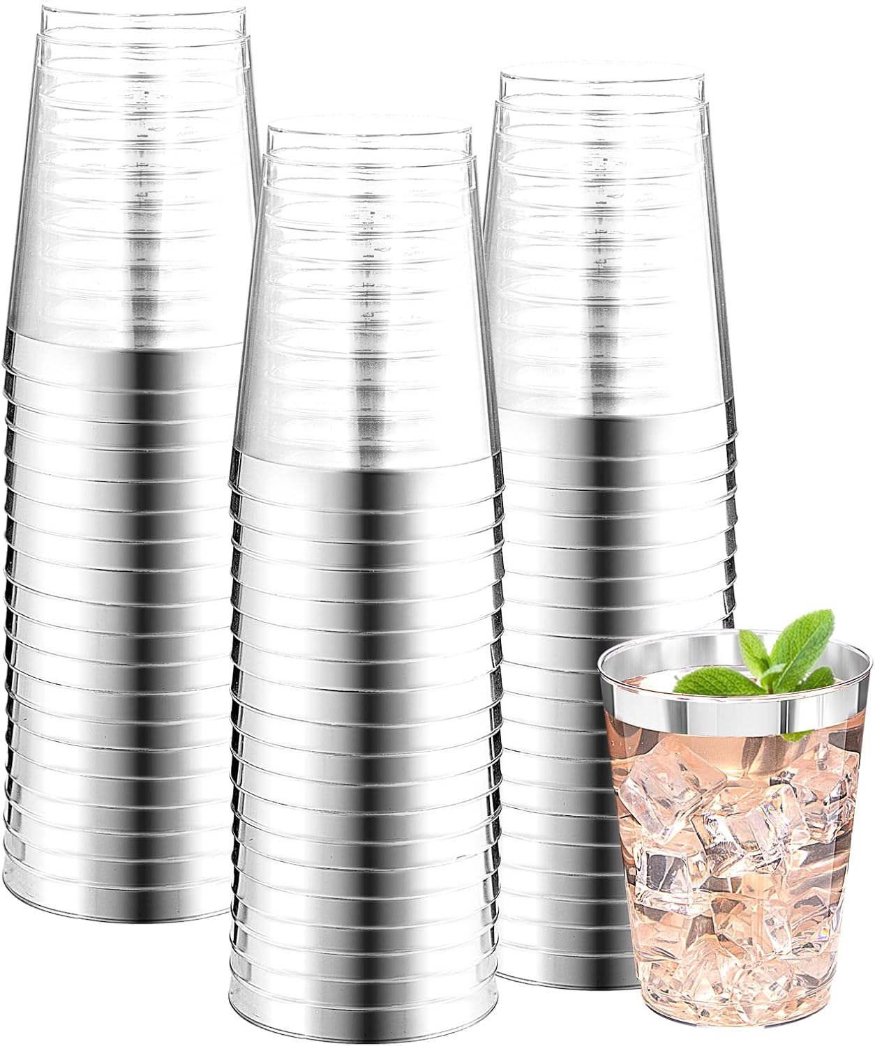 DaYammi 200 Pack Silver Plastic Cups 10 Oz Clear Plastic Cups Silver Rimmed Disposable Wine Glasses Heavy Duty Disposable Tumblers Drinking Cocktail Glasses for Party Wedding