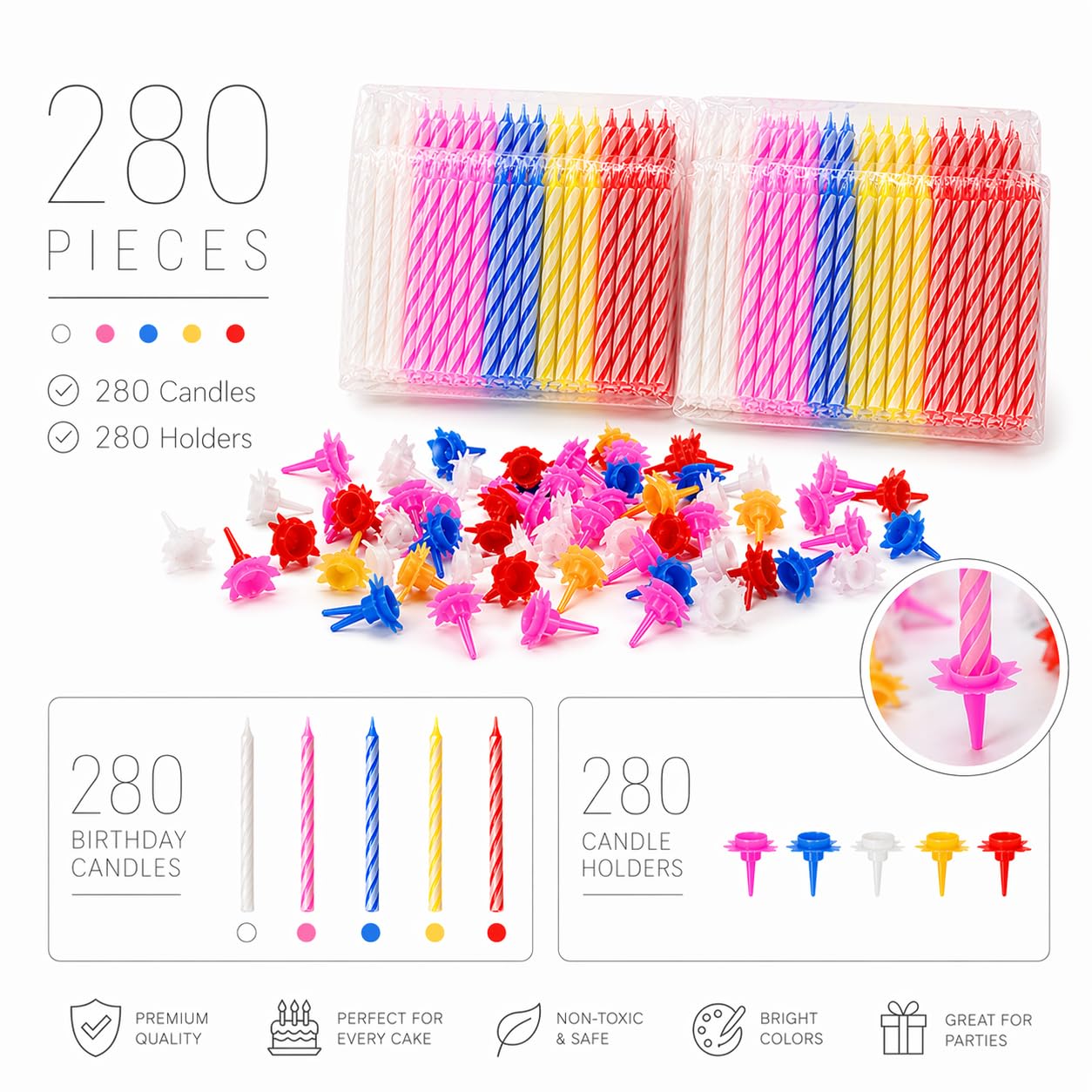 Cwise 280-Count Birthday Candles Bulk Pack with Holders – Spiral Cake & Cupcake Candles