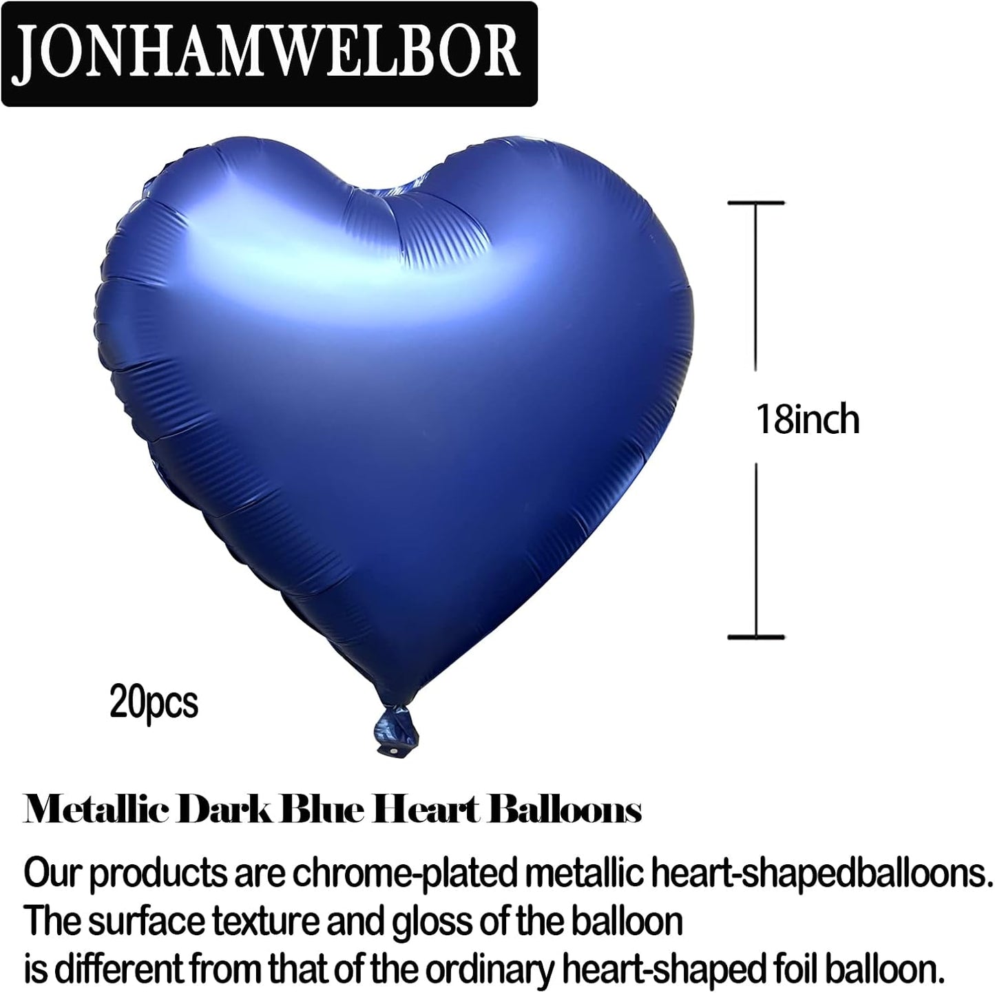 Jonhamwelbor 20Pcs 18 inch Metallic Blue Foil Mylar Heart Shape Balloons Decorations Valentines Birthday Wedding Baby Shower Party (Metallic Blue)