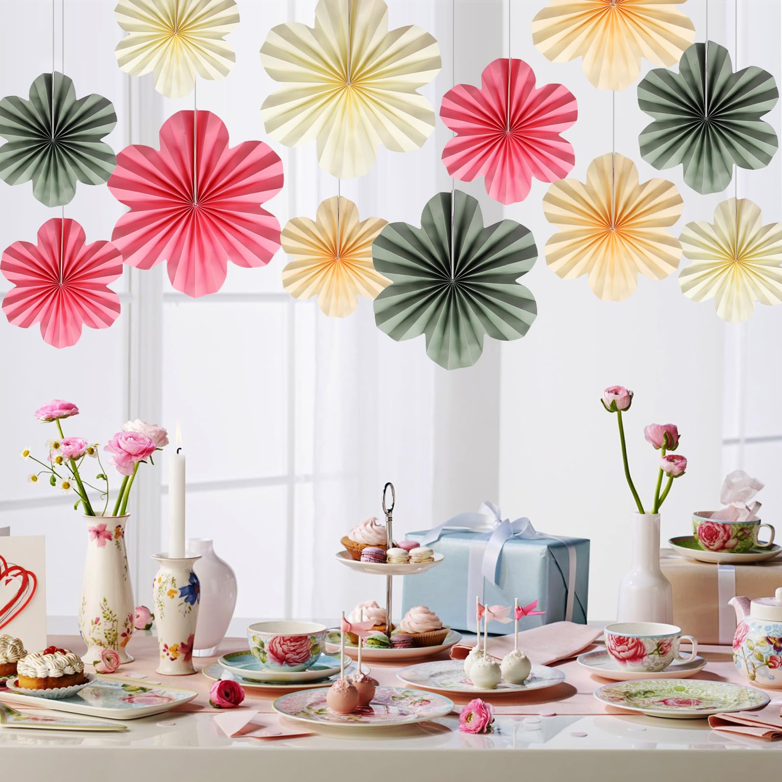BestoFun 12 PCS Paper Flowers Fans – Sage Green Pink Beige Boho Party Decorations – Reusable Tissue