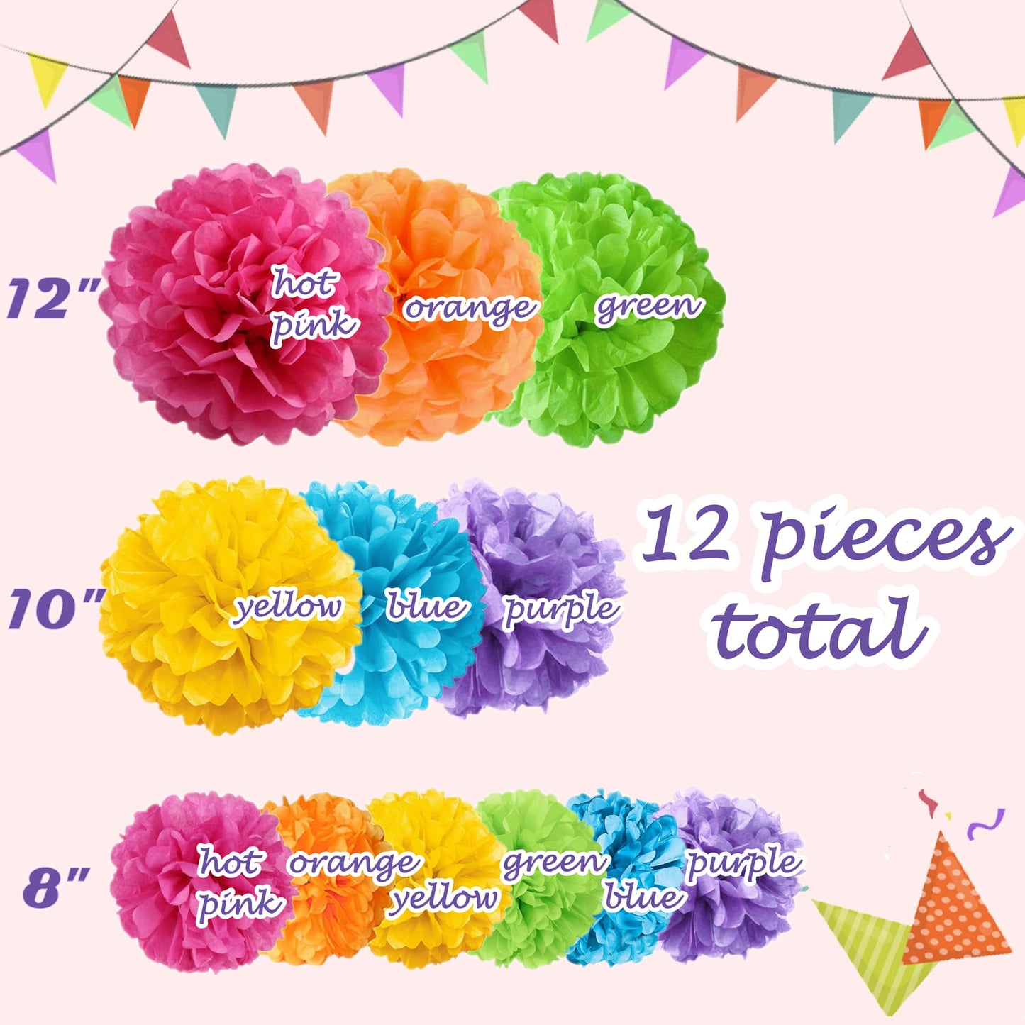 12pcs Colorful Paper Pom Poms Set for Party Decor (Mixed Size 8/10/12 Inch)