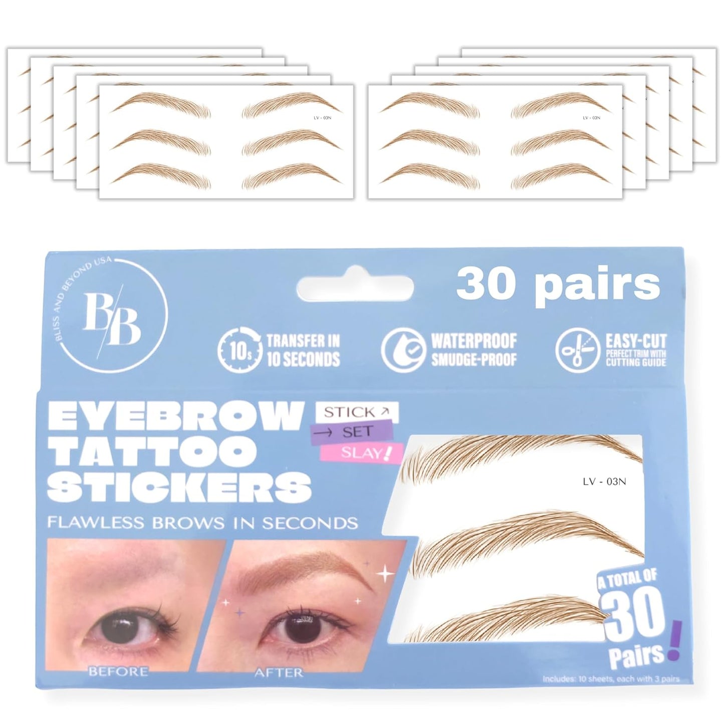 Bliss and Beyond USA Eyebrow Tattoo Stickers Waterproof – 30-Pair Deluxe Box | Realistic Hair-Like Temporary Brows for Alopecia, Cancer, and Hair Loss (Light Brown, Natural Las Vegas)