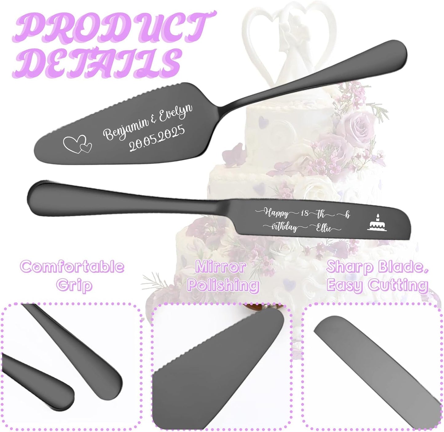 Custom Wedding Cake Knife and Server Set,Personalised Cake Serving Kit,Engraved Cake Cutting Set for Wedding,Personalized Gift for Anniversary, Valentine's Day Birthday or Christmas