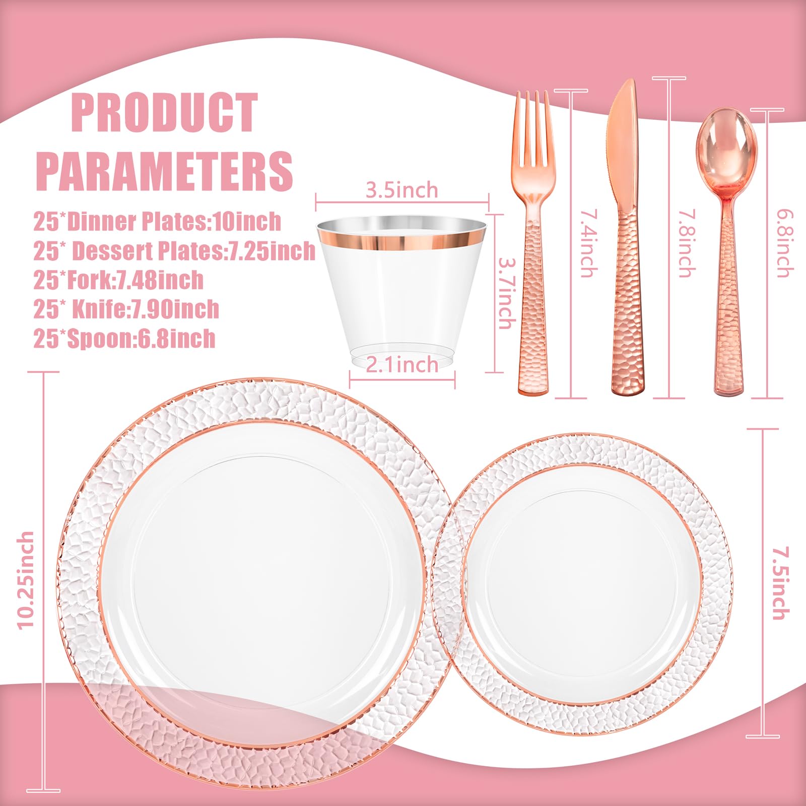 Ciaell 150PCS Rose Gold Plastic Plates – Disposable Plates with Rose Gold Plastic Silverware