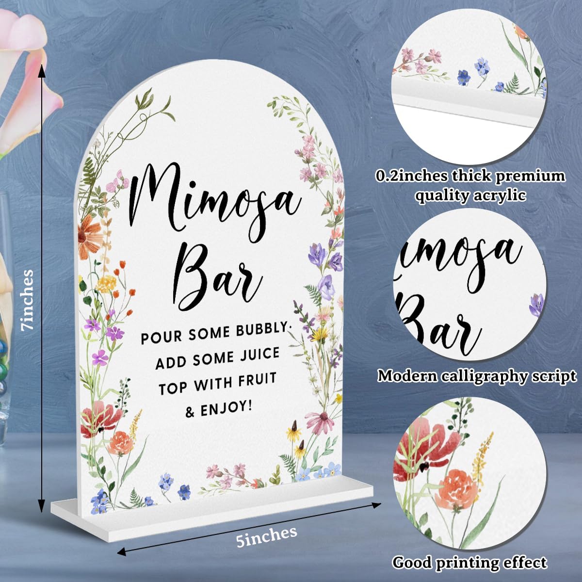 Acrylic Wedding Signs, Mimosa Bar Signs for Marriage Reception, Bridal Shower Decorations, Modern Arched Round Top Acrylic Table Top Sign with Holder for Wedding Party Dinner (White Wildflowers)