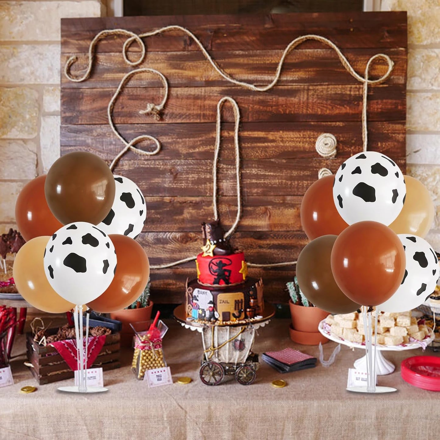 TONIFUL 4 Set Western Balloon,Brown Nude Cow Print Latex Cowboy Balloon Stand Centerpiece Table Decorations for Farm Cowboy Western Baby Shower Birthday Party Decorations