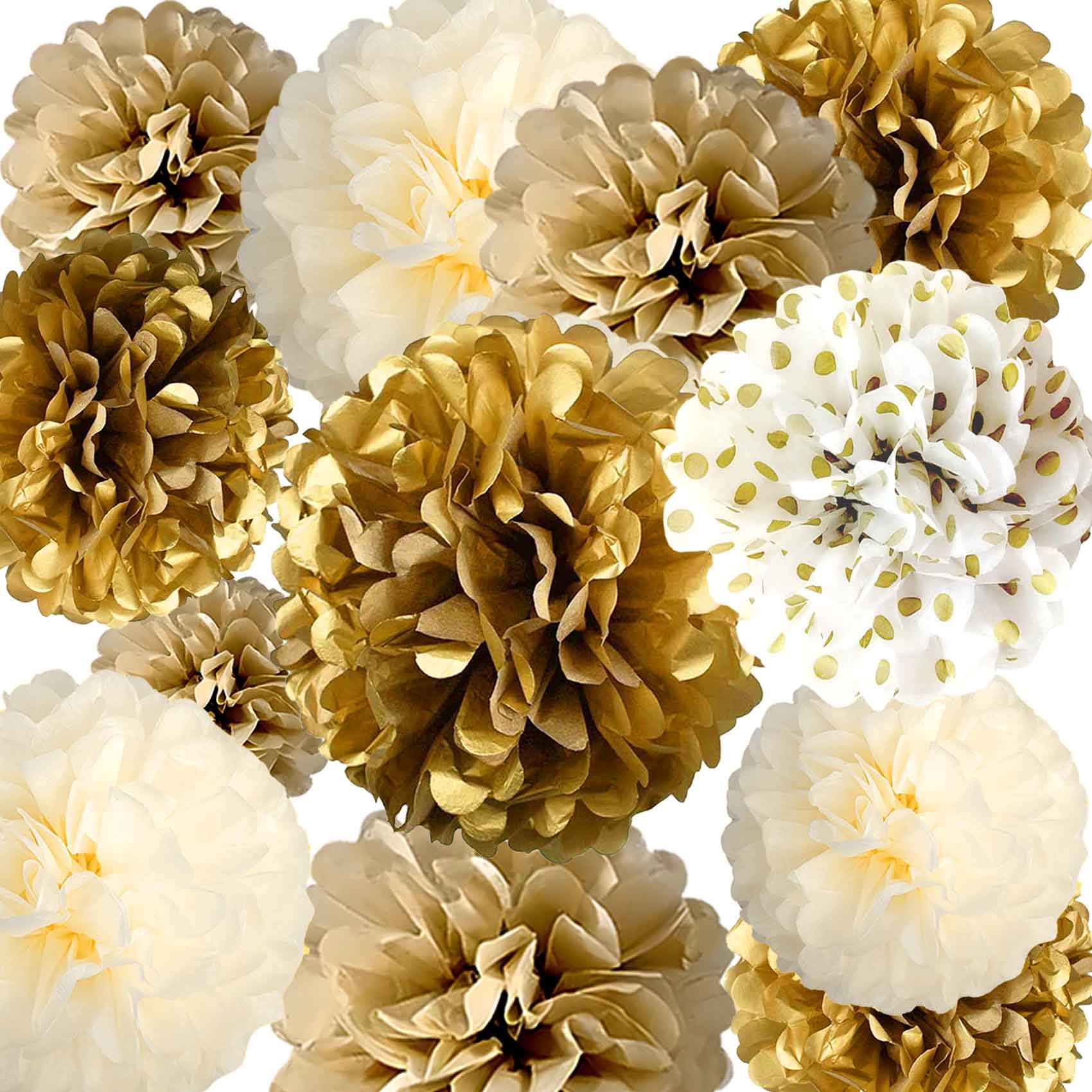 12-Piece Set of Gold and White Hanging Tissue Paper Pom Poms for Engagement, Wedding, Birthday