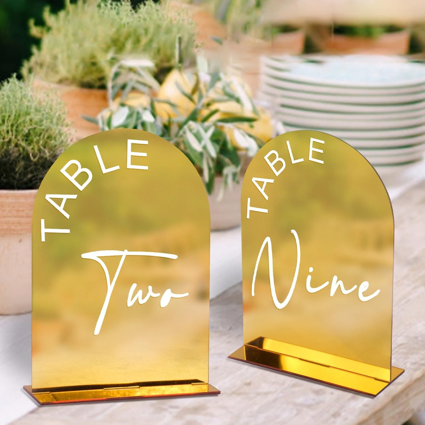 Gold Mirror Arch Wedding Table Numbers 1-15 with Stands, 5x7 Inch Acrylic Arch Sign with Holder for Wedding Reception Table Centerpiece Decoration(Gold Mirror)